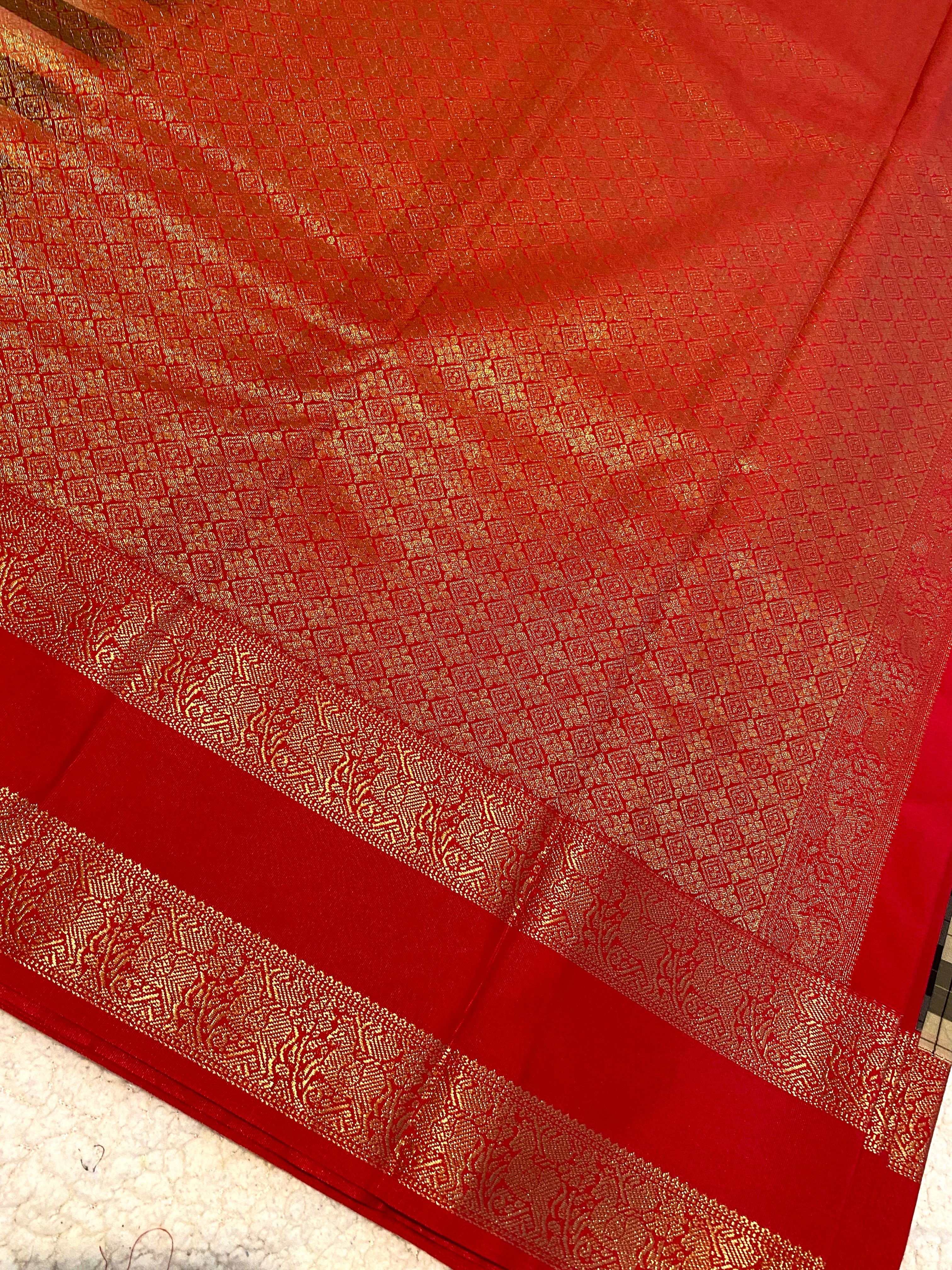 Semi-Kanchipuram Silk Saree with Checked Body, Rich Red Pallu & Gold Zari Border