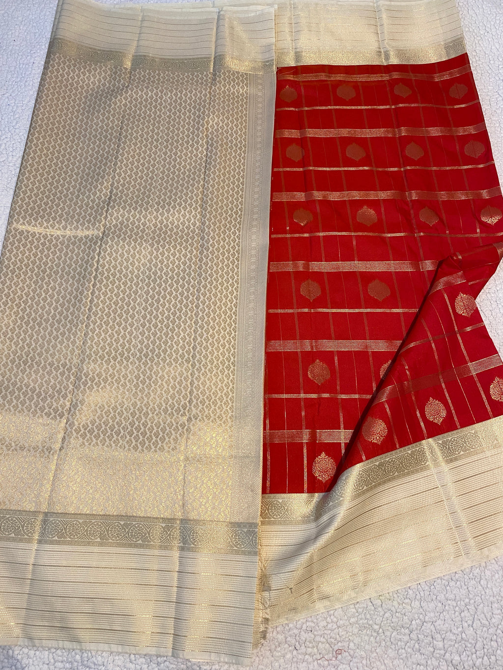 Semi-Kanchipuram Silk Saree in Red with Off-White Pallu & Gold Zari Border