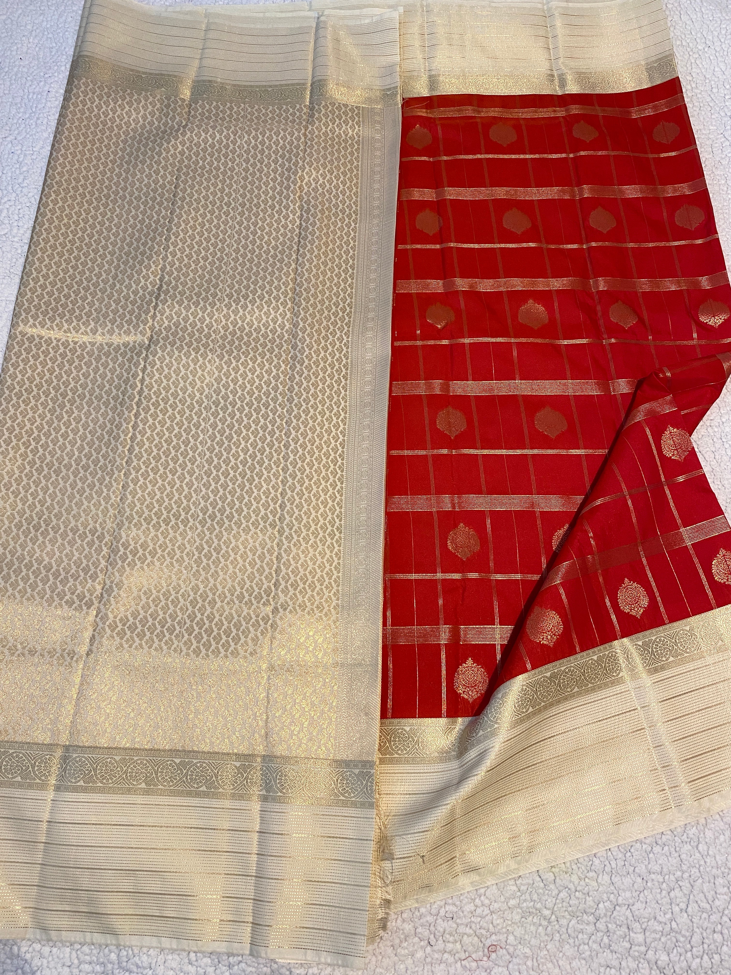 Semi-Kanchipuram Silk Saree in Red with Off-White Pallu & Gold Zari Border