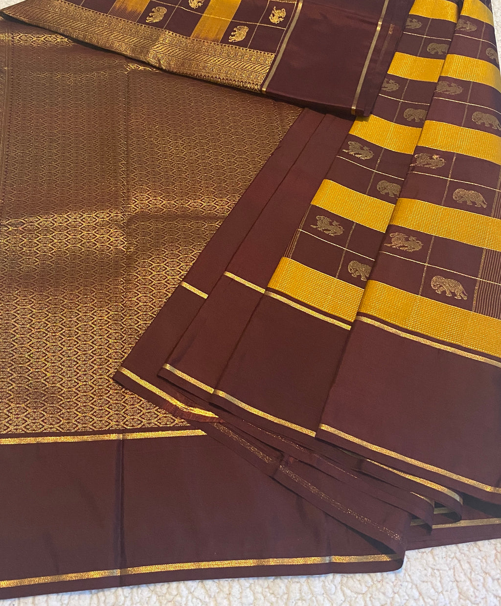 Dark Chocolate Brown Semi-Kanchipuram Silk Saree with Traditional Woven Motifs & Gold Zari Pallu