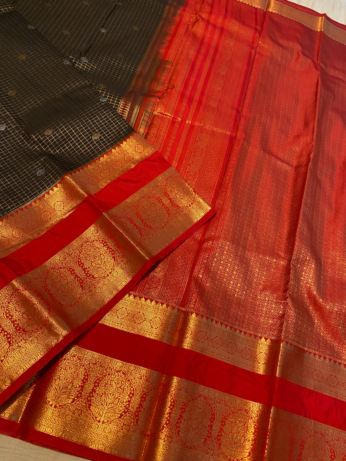 Premium Black & Red Semi-Kanchipuram Silk Saree with Gold Zari