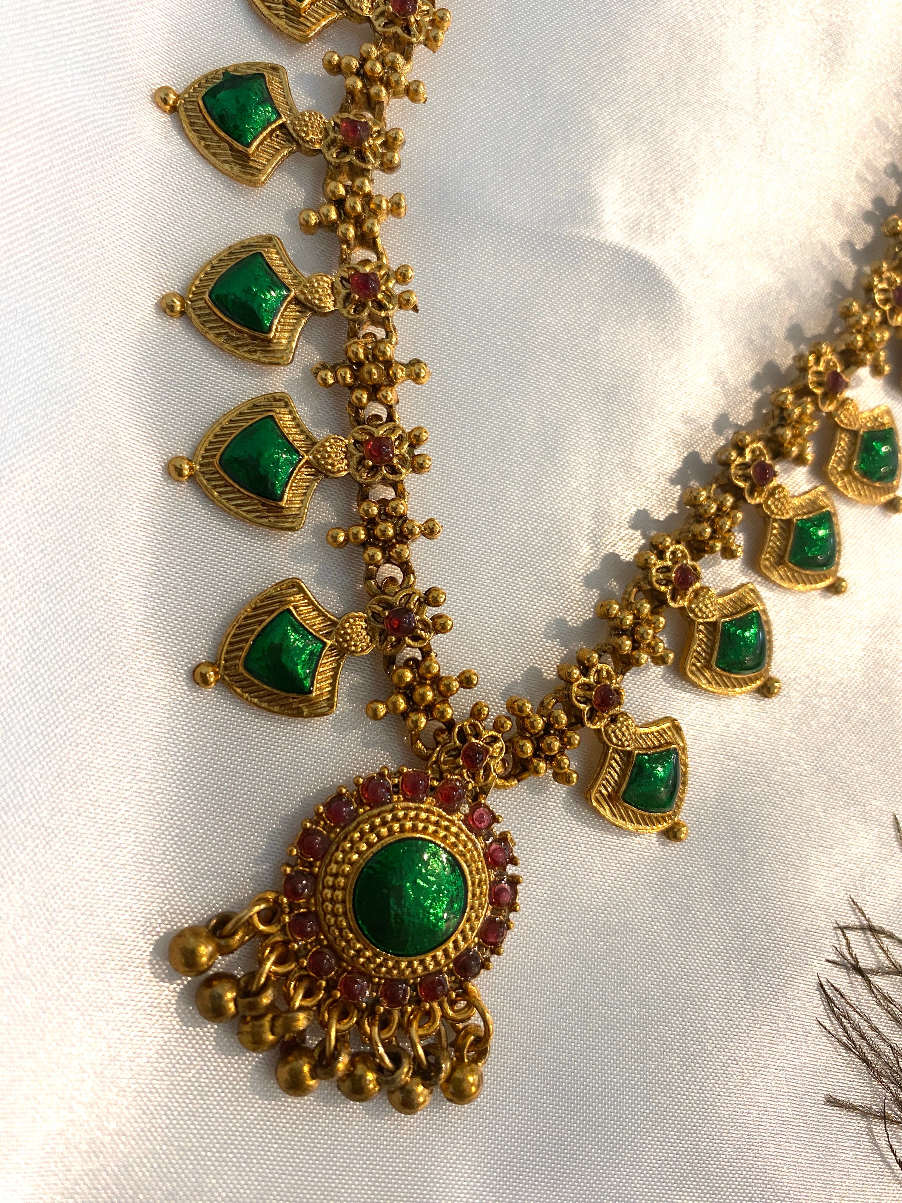Green Palakka Haram Necklace Set | Traditional Kerala Jewelry