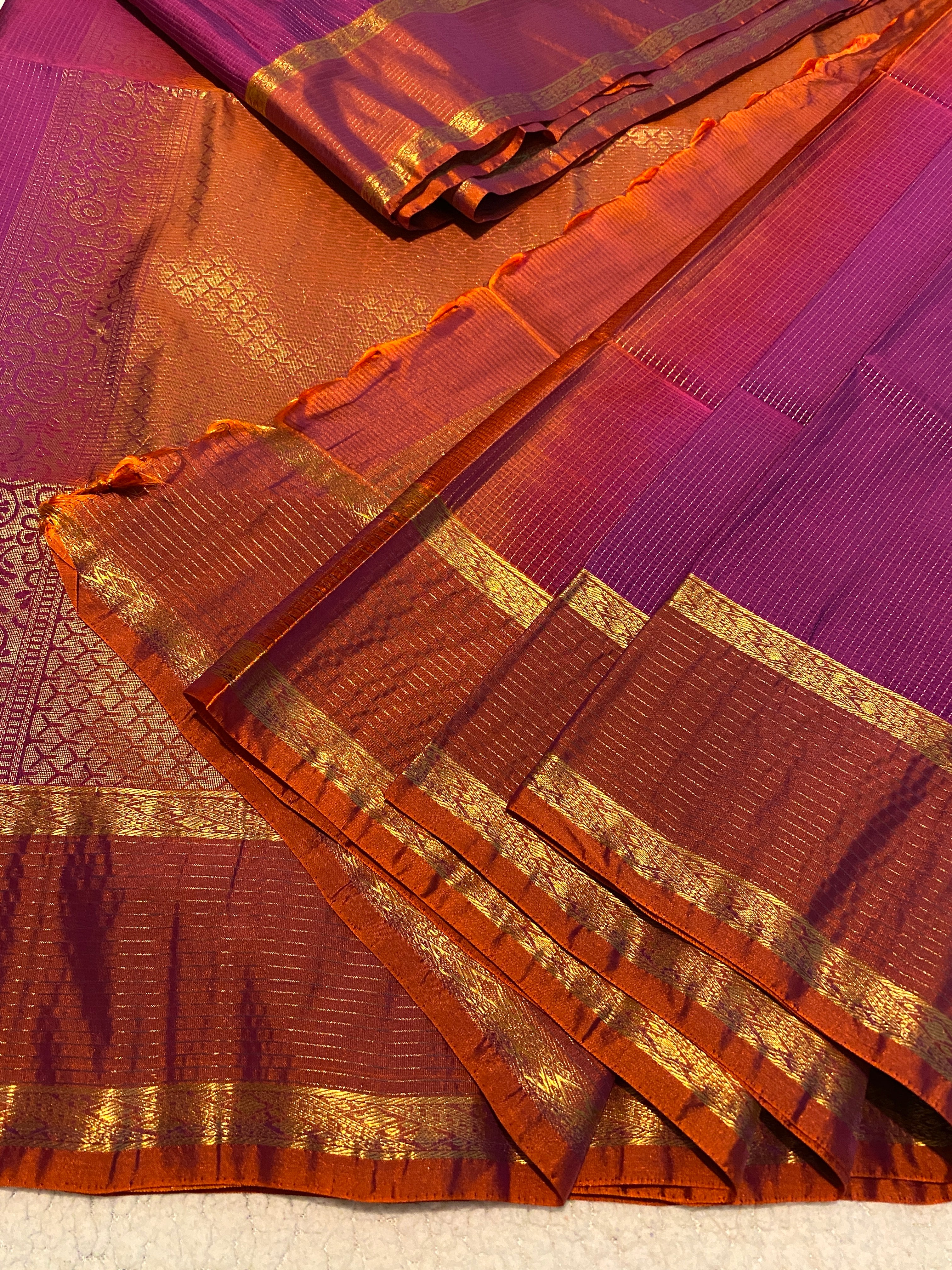 Pure Mix Silk Saree | Magenta Purple and Rust Orange