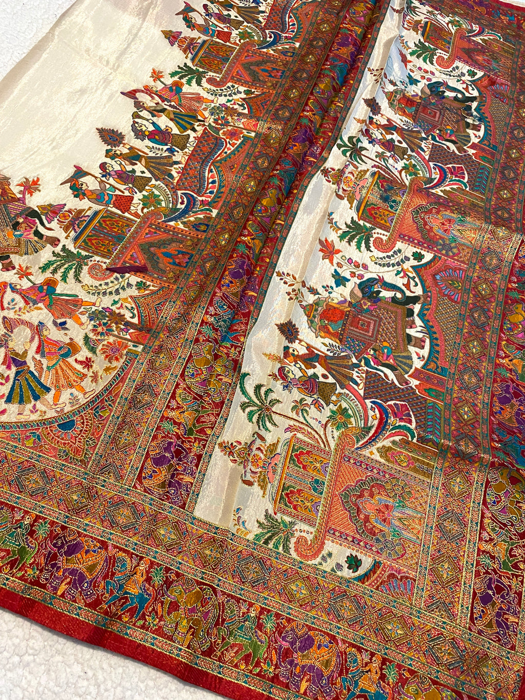 Ivory White Viscose Kalamkari Saree with Multicolour Heritage Border