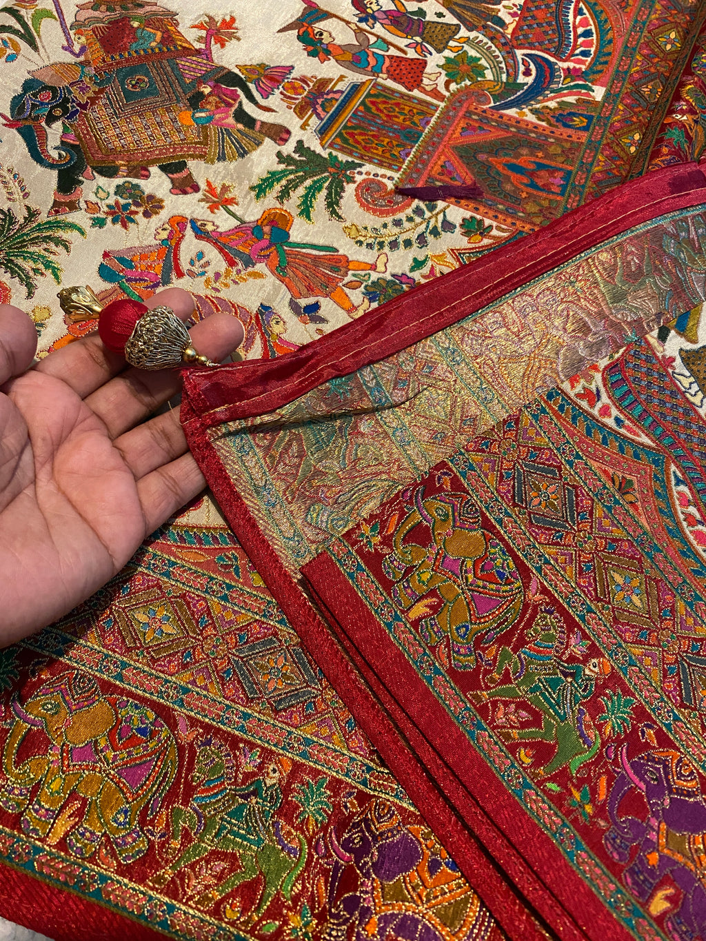 Ivory White Viscose Kalamkari Saree with Multicolour Heritage Border