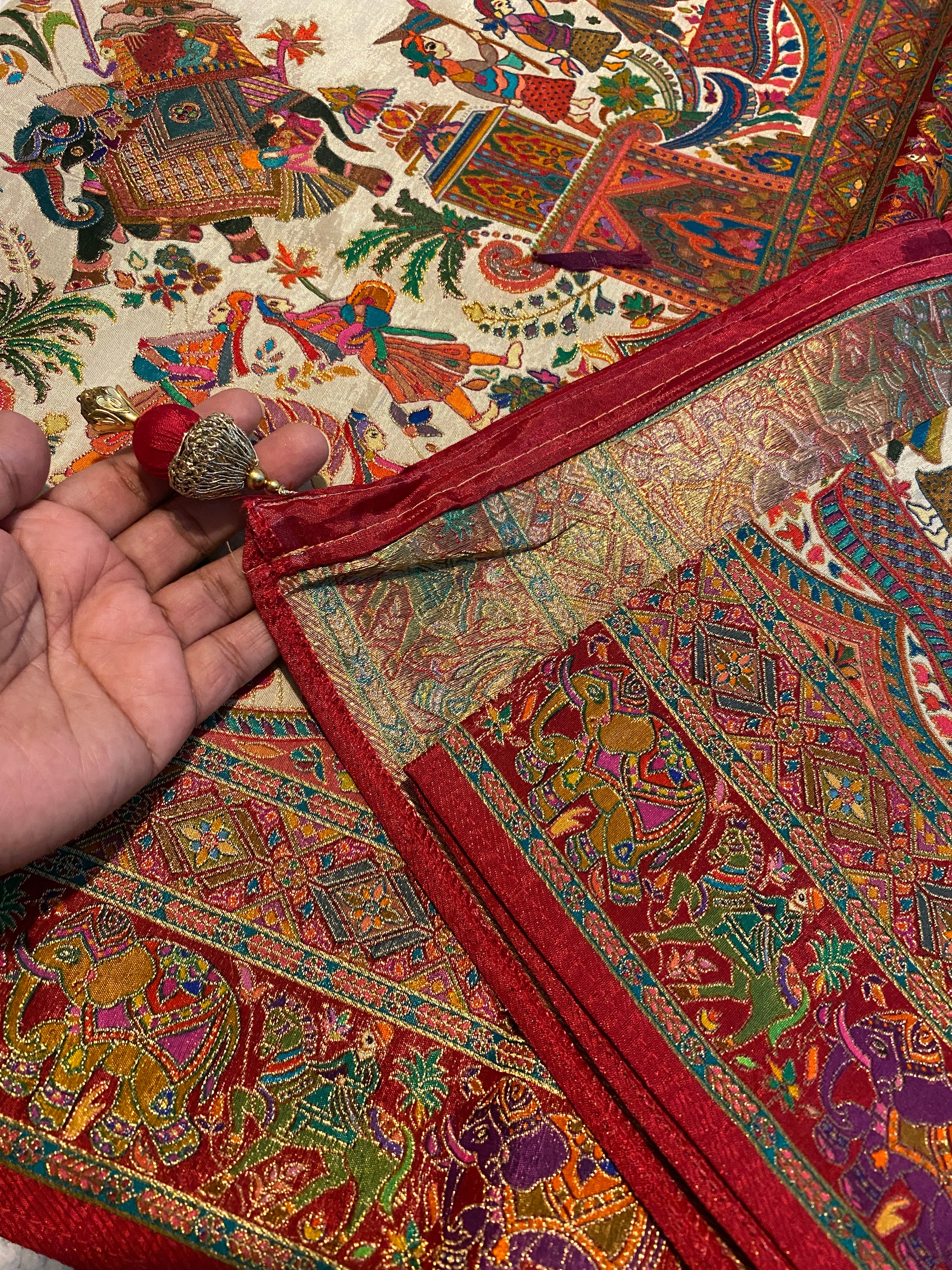 Ivory White Viscose Kalamkari Saree with Multicolour Heritage Border