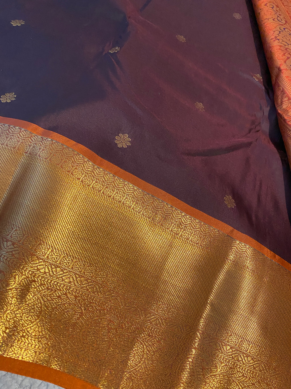 Coffee Maroon & Rust Orange Semi-Kanchipuram Silk Saree with Gold Zari Border