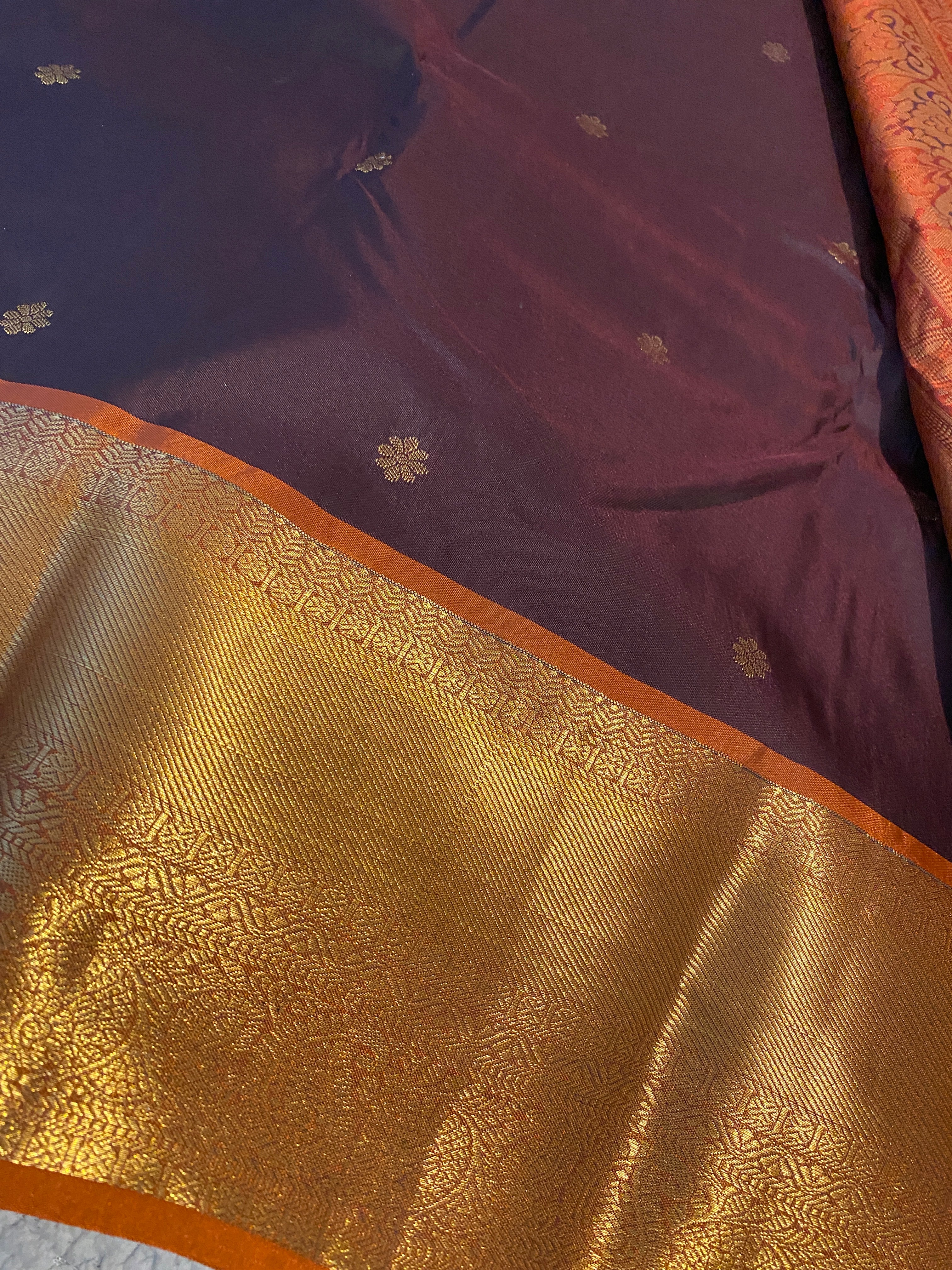 Coffee Maroon & Rust Orange Semi-Kanchipuram Silk Saree with Gold Zari Border