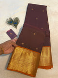 Coffee Maroon & Rust Orange Semi-Kanchipuram Silk Saree with Gold Zari Border