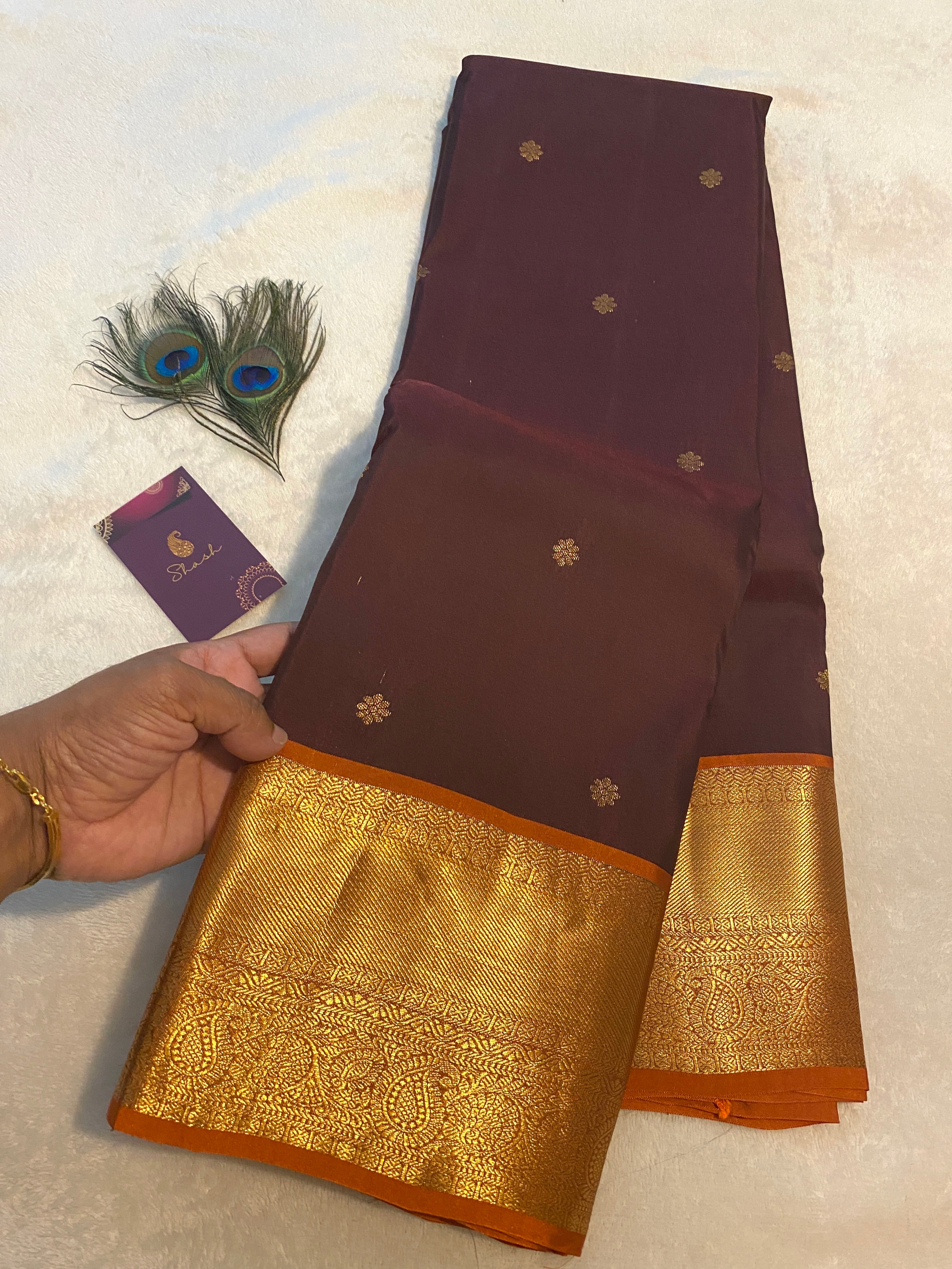 Coffee Maroon & Rust Orange Semi-Kanchipuram Silk Saree with Gold Zari Border