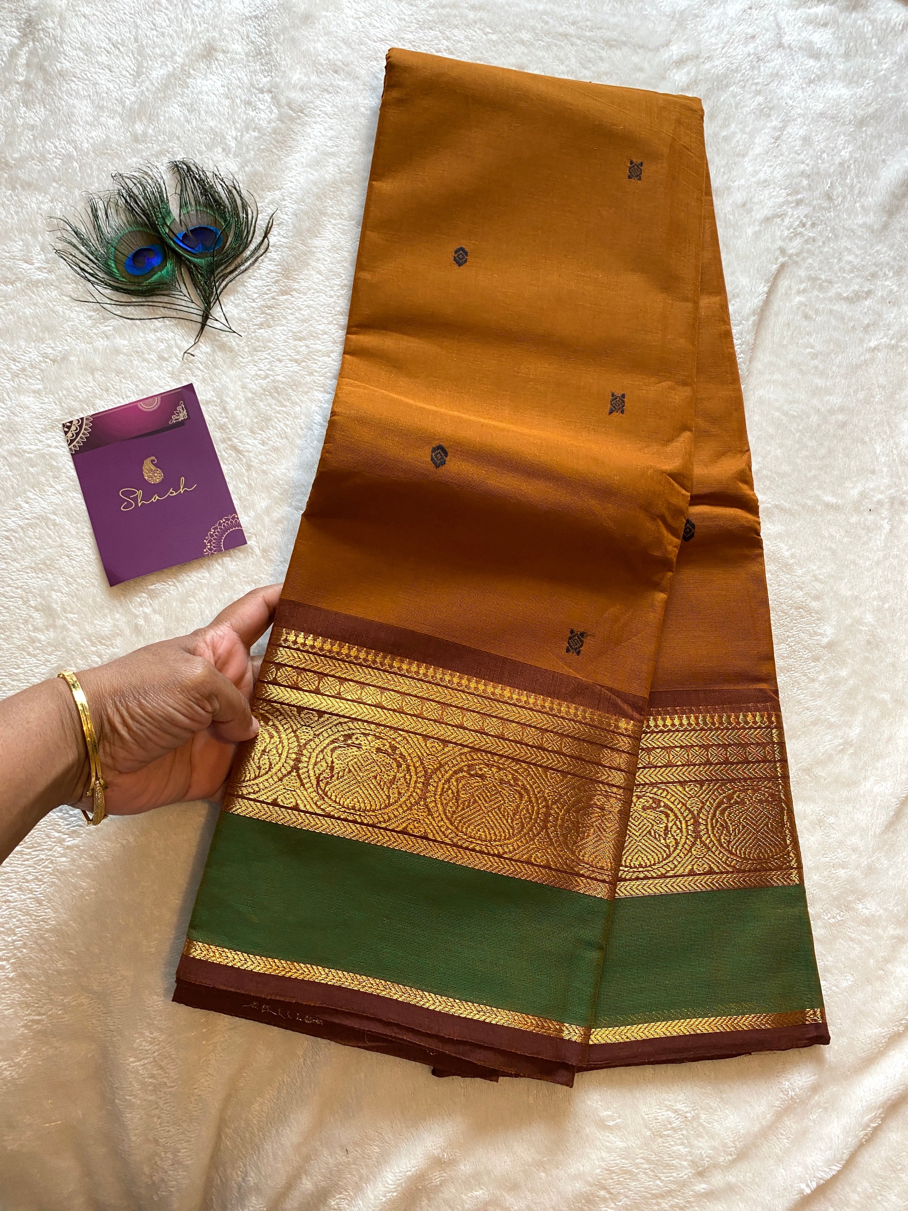 Pure Kanchi Cotton Saree | Honey Mustard with Contrast Green Border