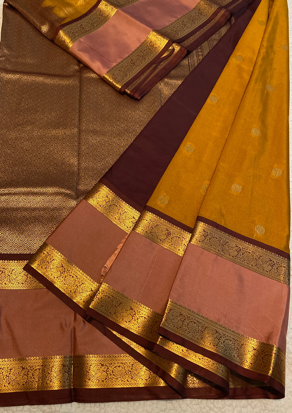 Mustard Gold & Dusty Rose Semi-Kanchipuram Silk Saree