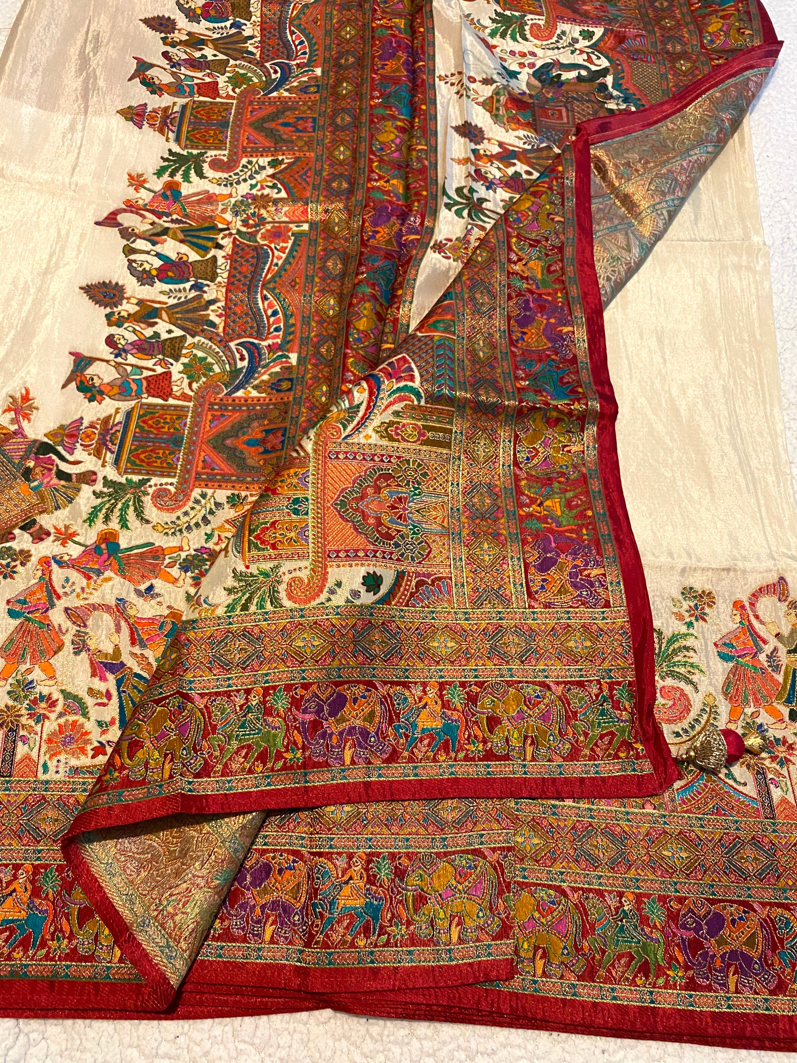 Ivory White Viscose Kalamkari Saree with Multicolour Heritage Border