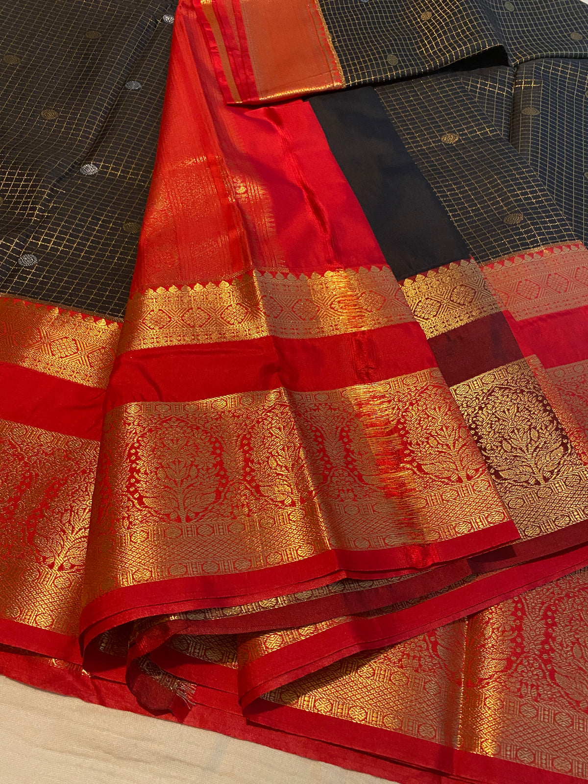 Premium Black & Red Semi-Kanchipuram Silk Saree with Gold Zari