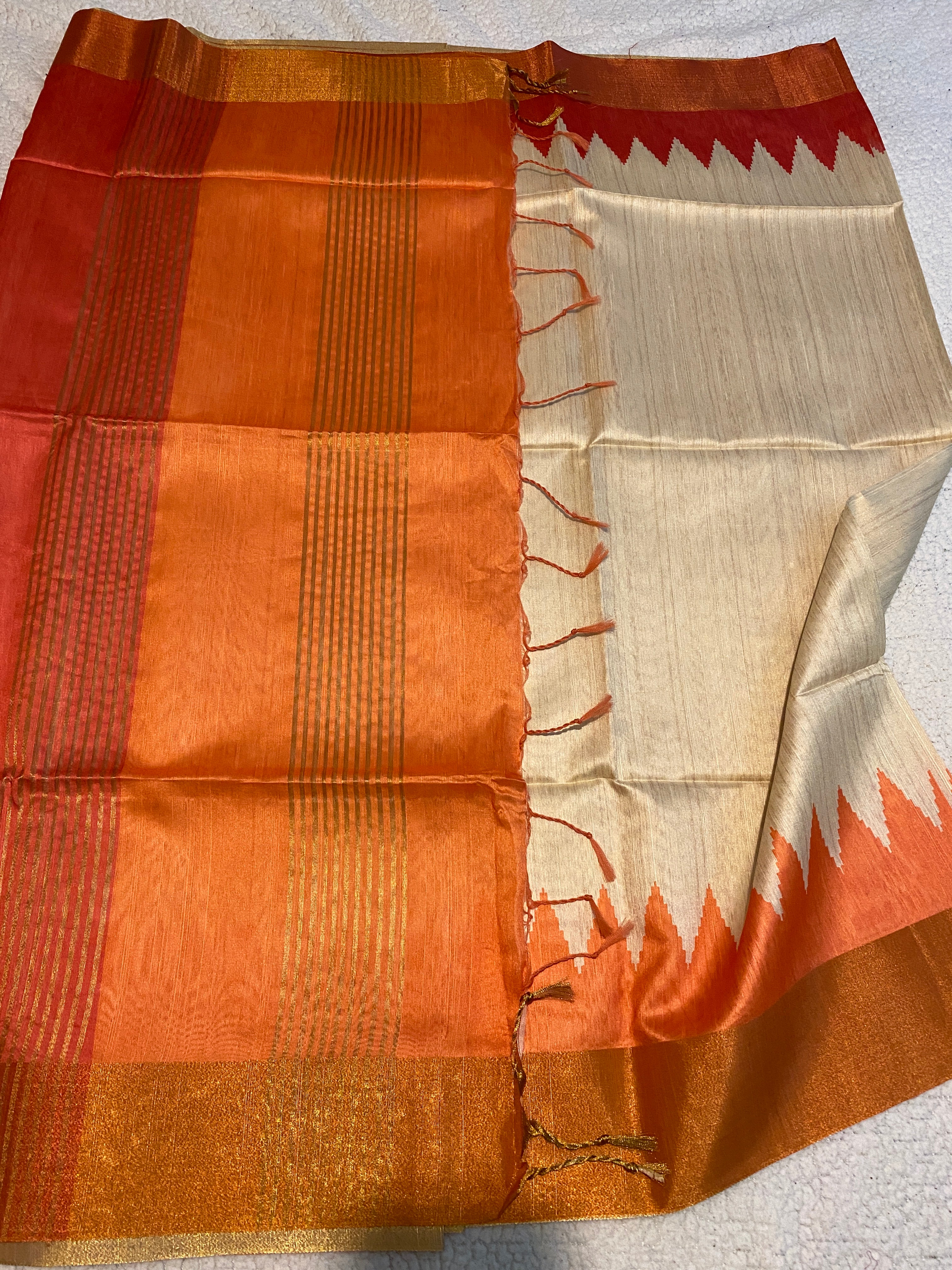 Cream Semi-Jute Tussar Saree with Ganga Jamuna Temple Border