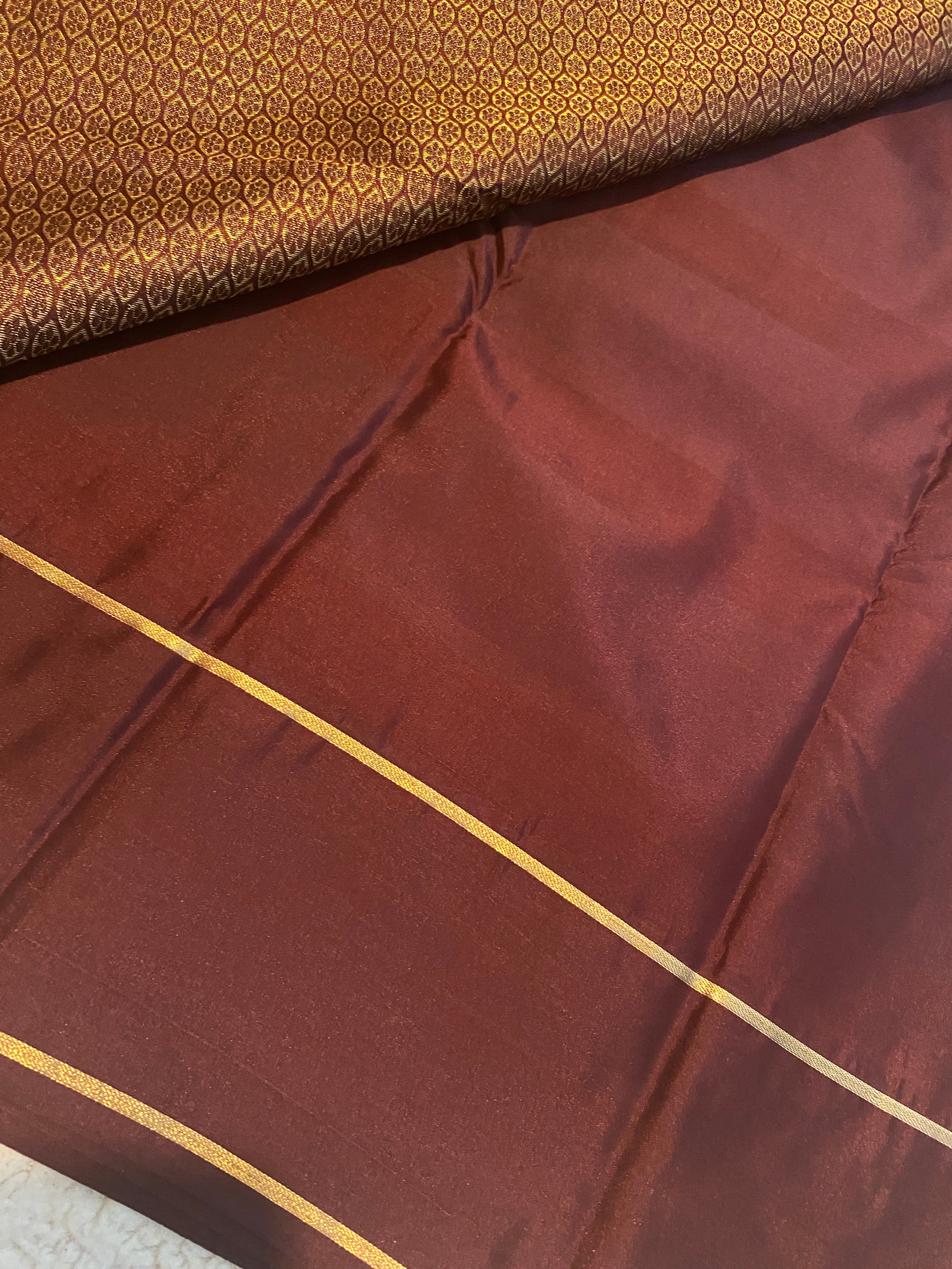 Dark Chocolate Brown Semi-Kanchipuram Silk Saree with Traditional Woven Motifs & Gold Zari Pallu
