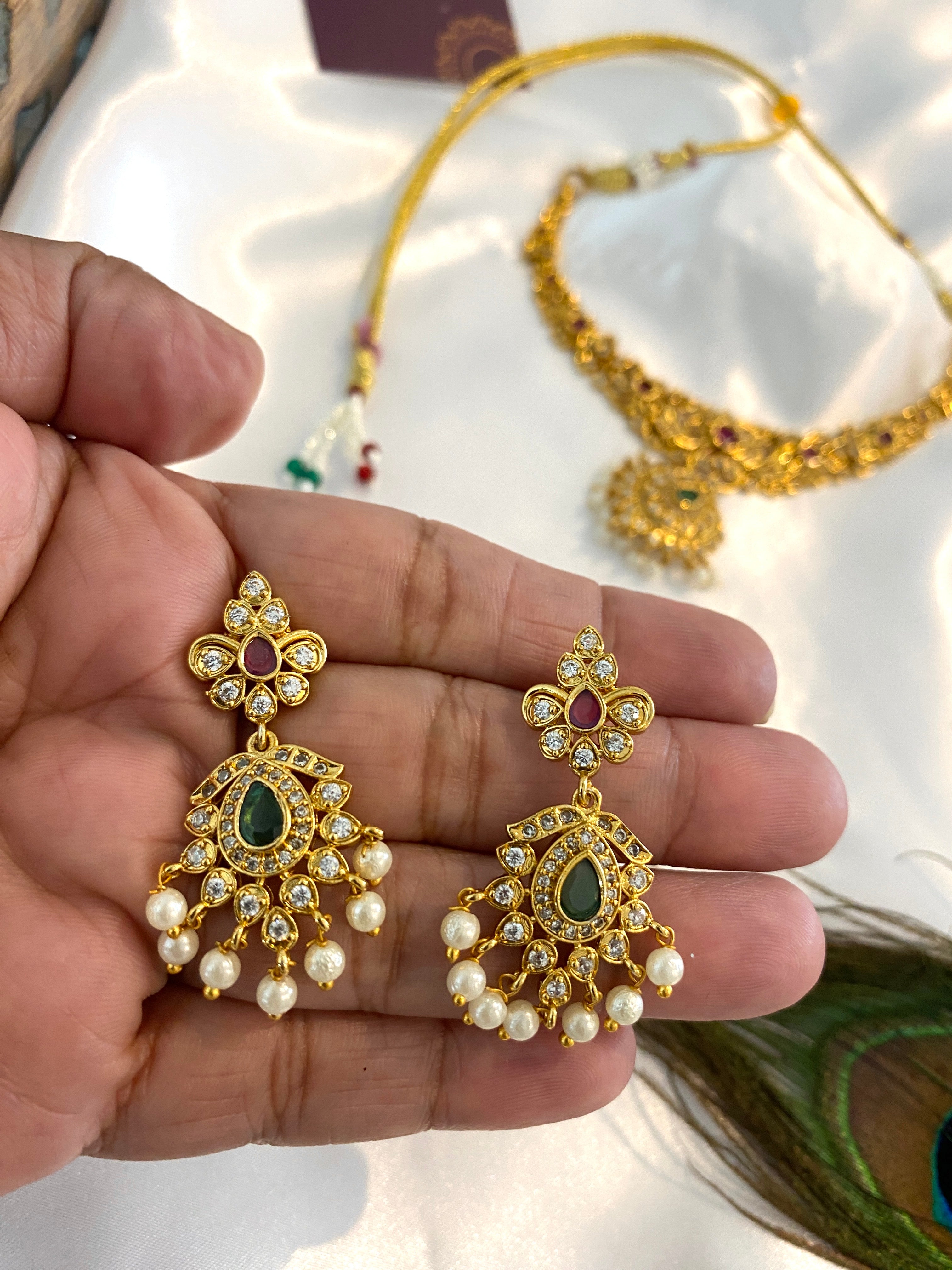 Traditional U-Shape Necklace Set with Earrings – Green & Ruby Stone with Pearl Accents