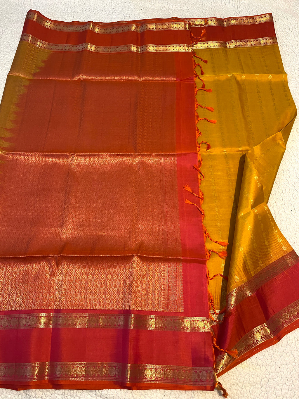 Pure Kanchipuram Soft Silk Saree | Mustard Yellow with Reddish Orange Border