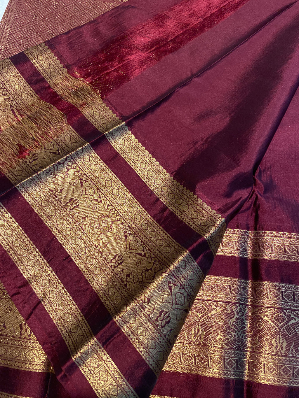 Maroon Semi-Kanchipuram Silk Saree with Gold Zari Stripes