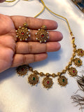 Antique Gold-Tone Ruby & Green Necklace Set | Traditional Indian Jewelry | Pearl Detail Necklace & Earrings