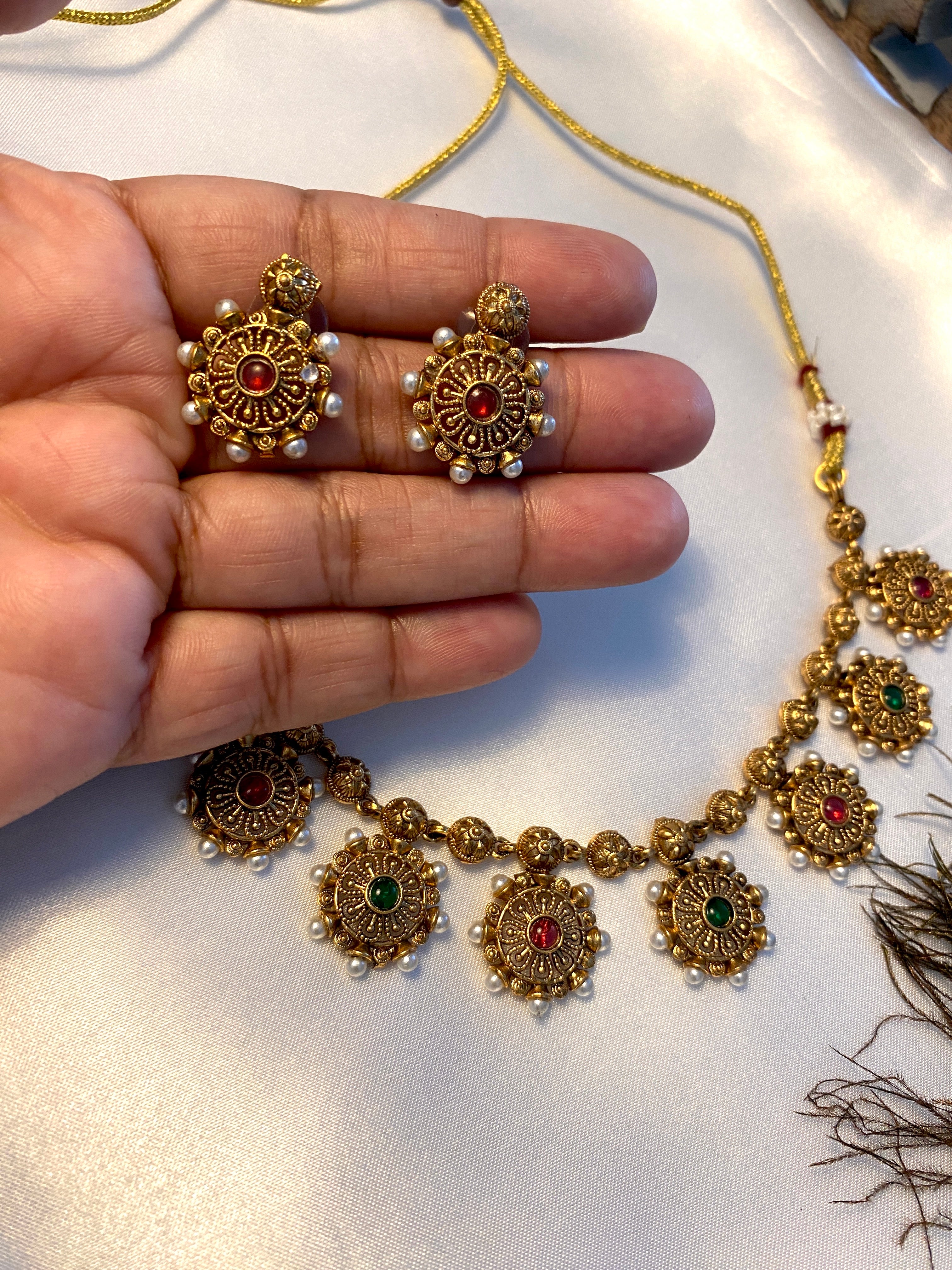 Antique Gold-Tone Ruby & Green Necklace Set | Traditional Indian Jewelry | Pearl Detail Necklace & Earrings