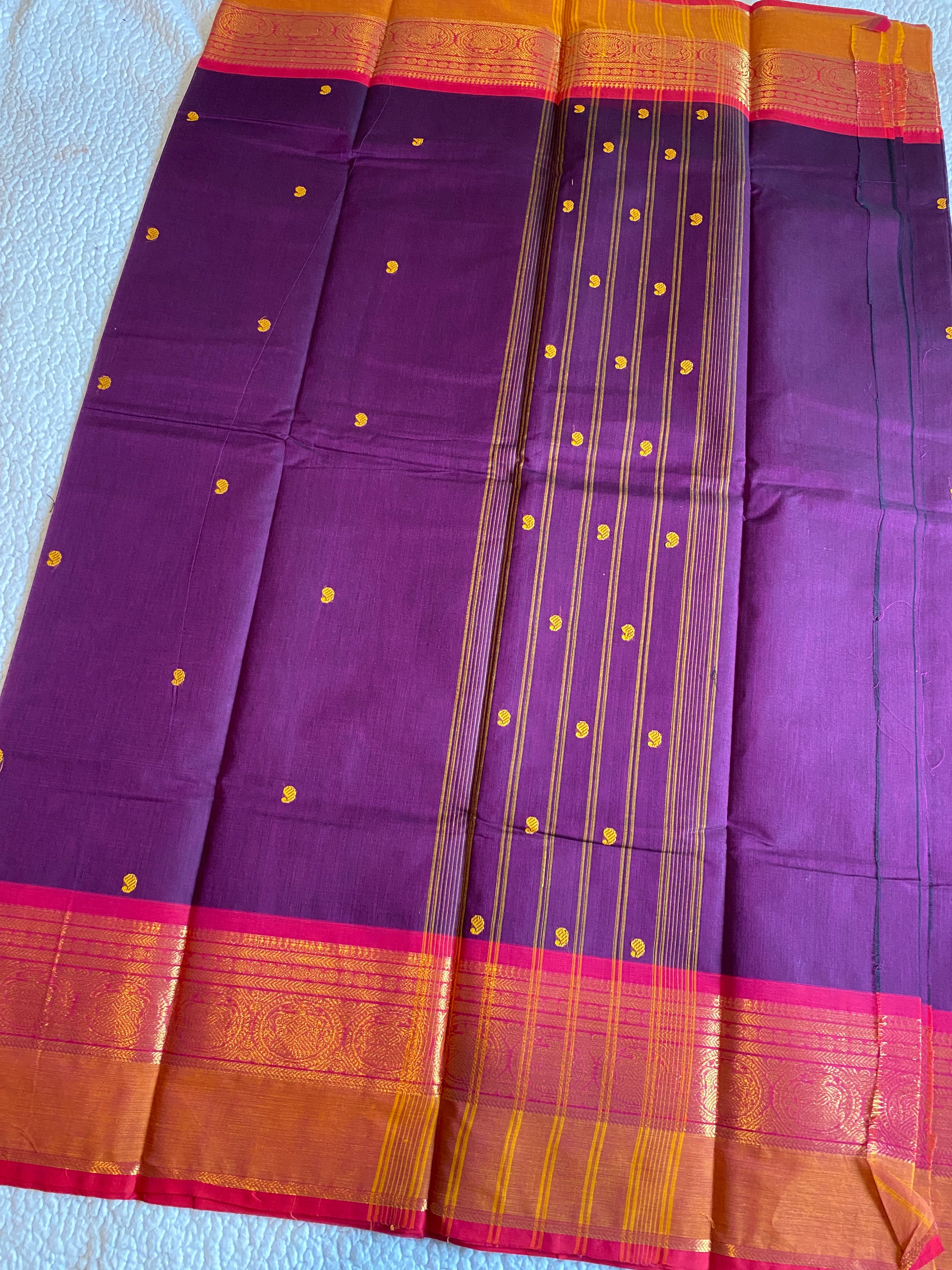 Purple Pure Kanchi Cotton Saree with Contrast Orange Border