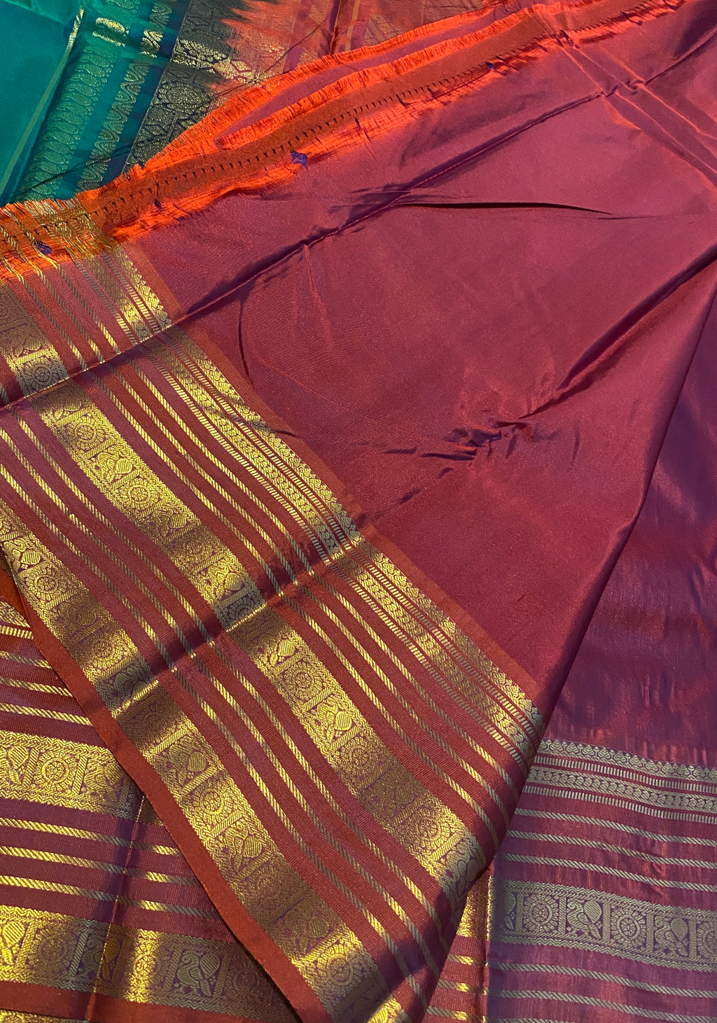 Premium Green & Rust Orange Semi-Kanchipuram Silk Saree with Gold Zari