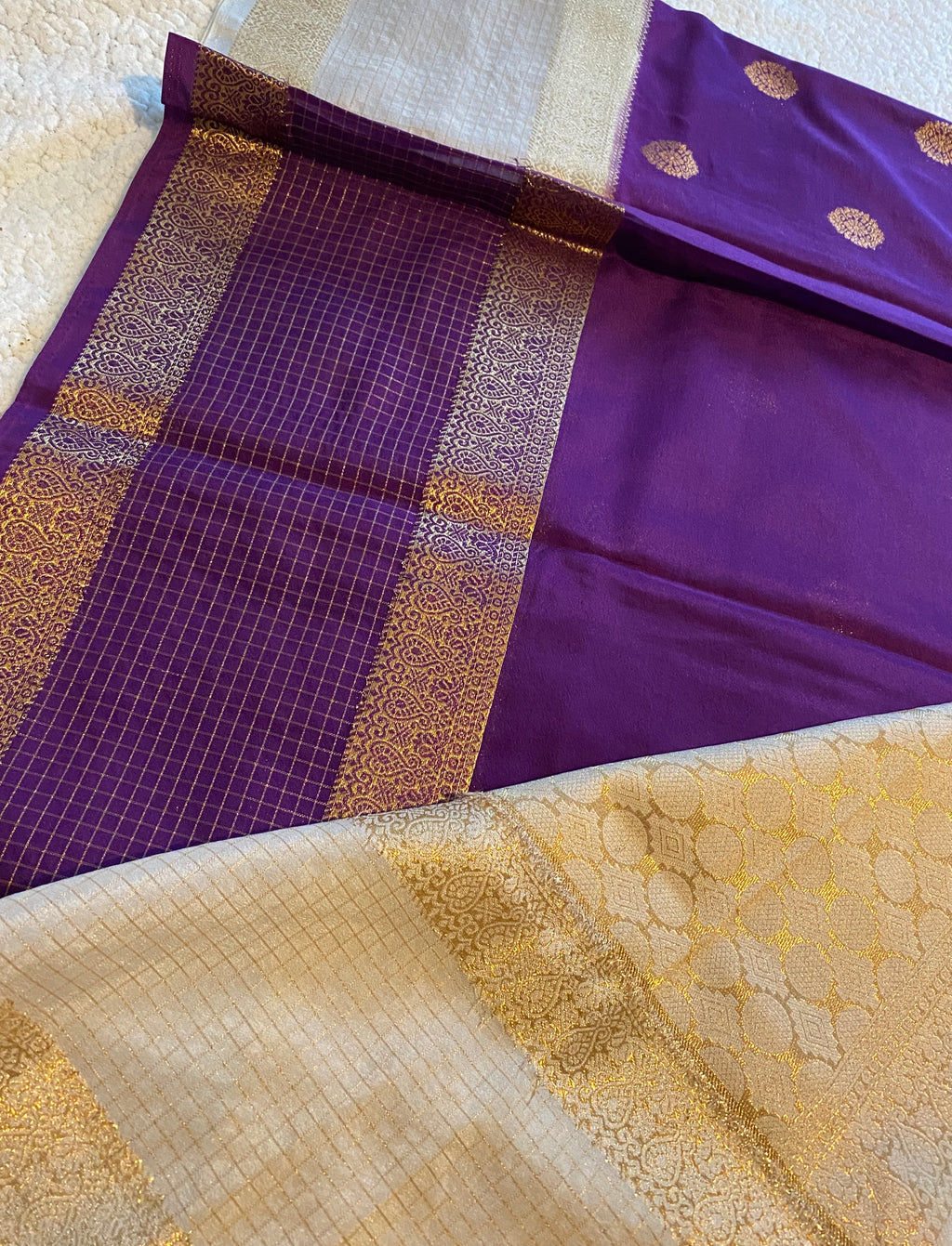 Elegant Purple & Off-White Semi Crepe Silk Saree