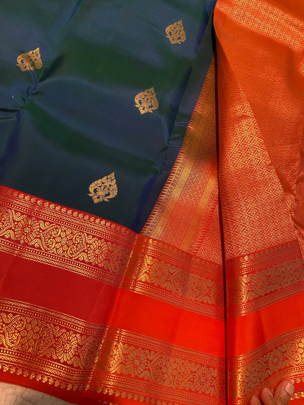 Pure Kanchipuram Silk Saree | Peacock Blue with Vibrant Reddish-Orange Zari Border