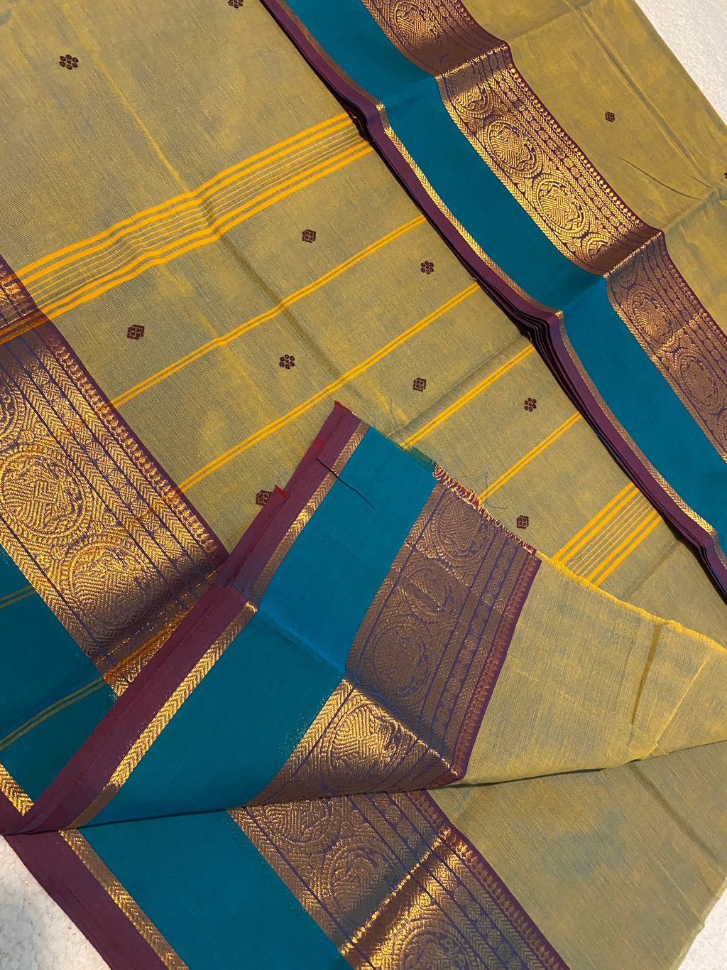 Pure Kanchi Cotton Saree | Olive Green with Contrast Blue Border