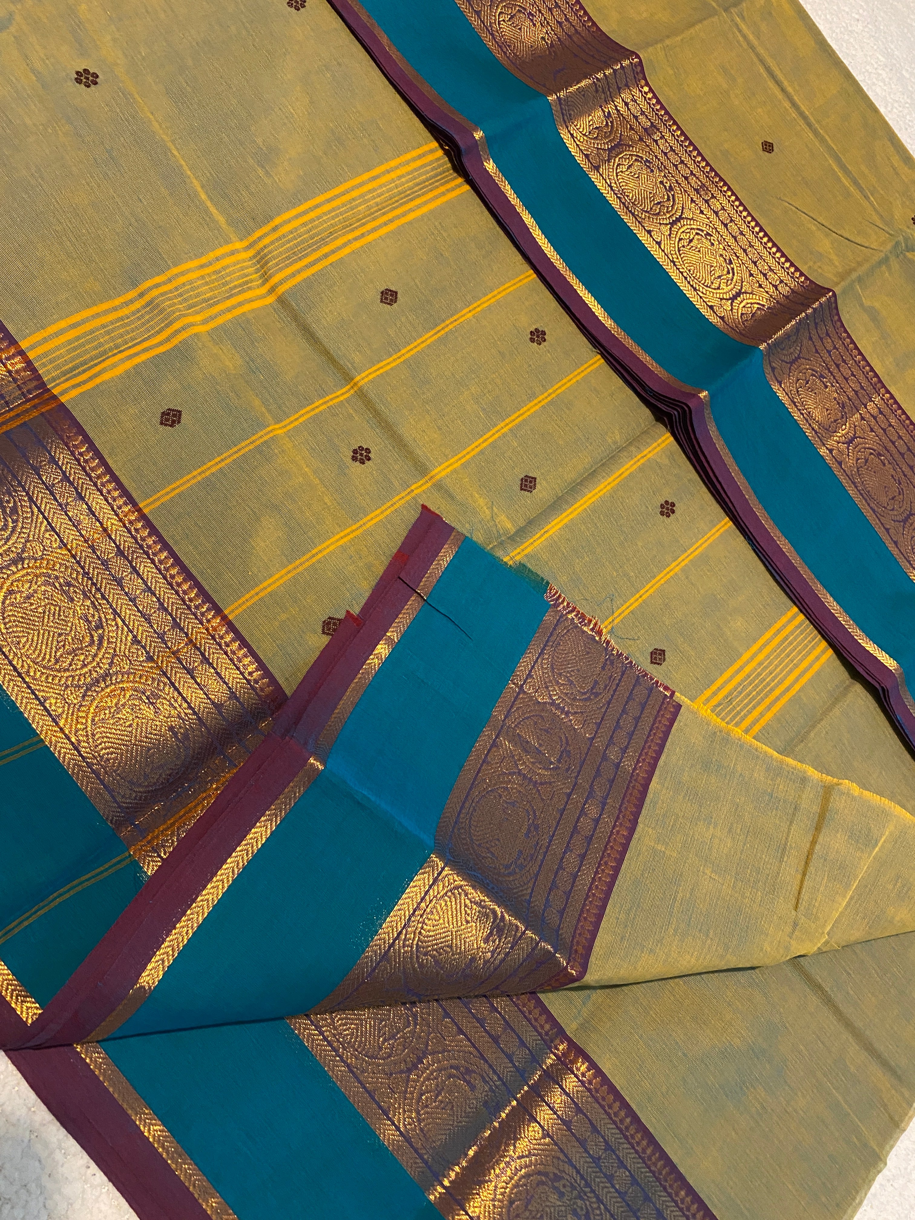 Pure Kanchi Cotton Saree | Olive Green with Contrast Blue Border