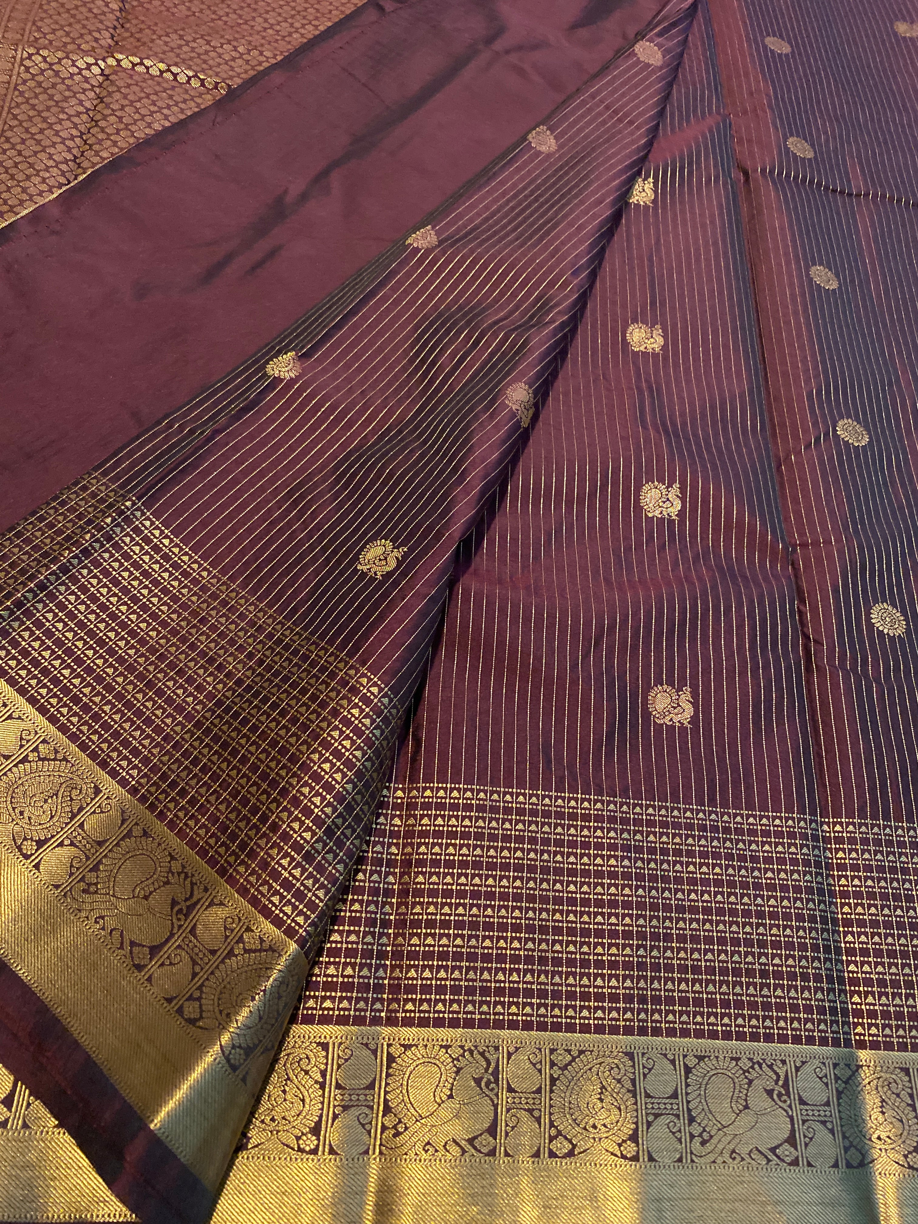 Coffee Maroon & Antique Gold Semi-Kanchipuram Silk Saree with Peacock Border