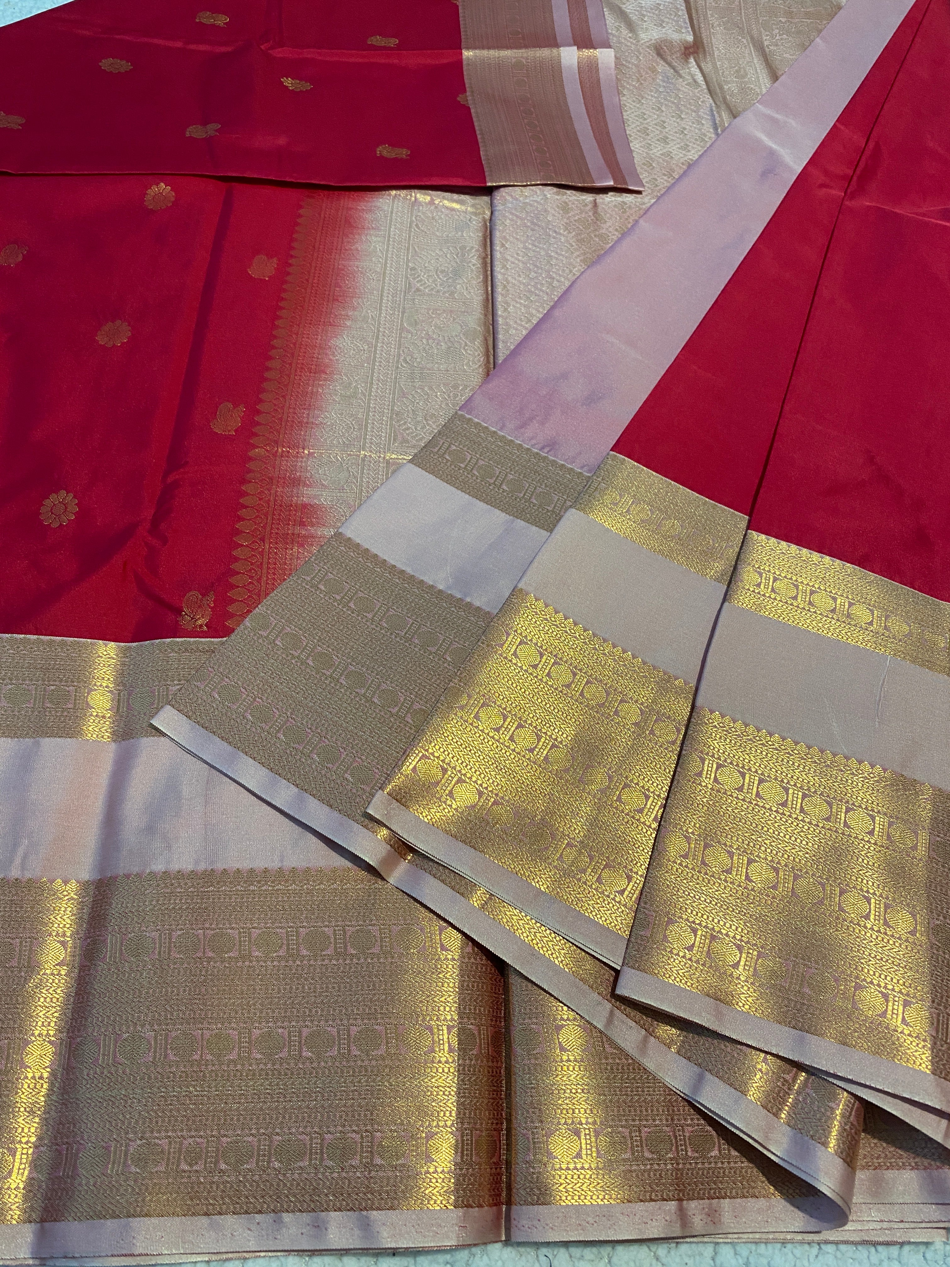 Deep Pink & Blush Pink Semi-Kanchipuram Silk Saree with Gold Zari Border