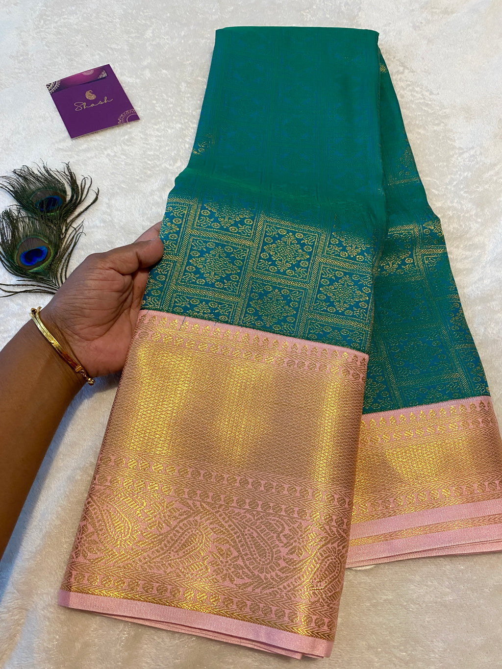 Emerald Green Semi-Kanchipuram Silk Saree with Baby Pink Zari Border & Woven Pallu