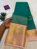 Emerald Green Semi-Kanchipuram Silk Saree with Baby Pink Zari Border & Woven Pallu