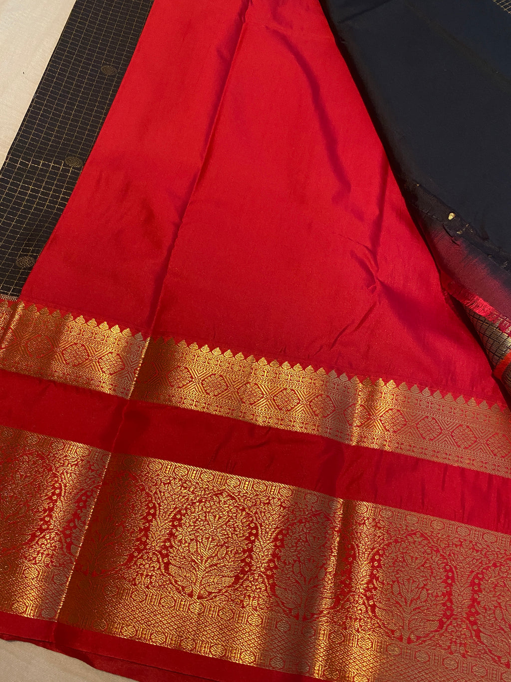 Premium Black & Red Semi-Kanchipuram Silk Saree with Gold Zari