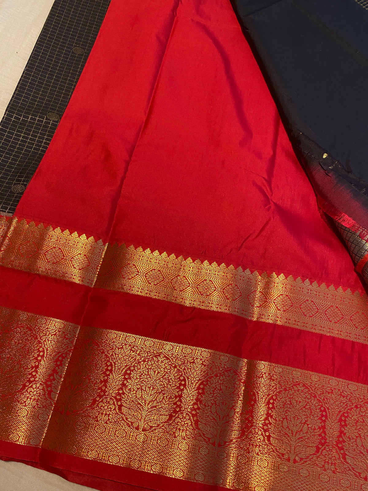 Premium Black & Red Semi-Kanchipuram Silk Saree with Gold Zari