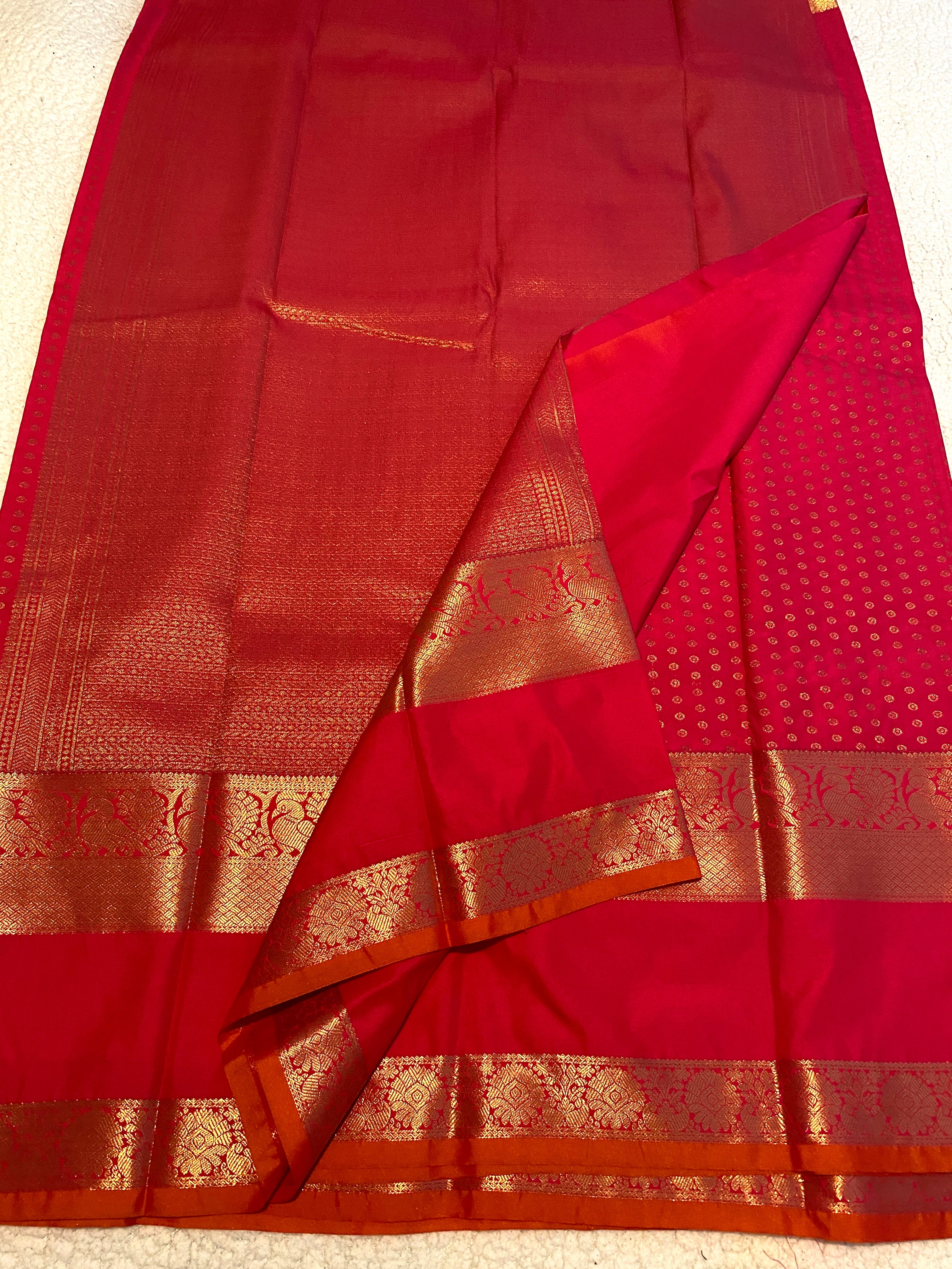 Premium Rani Pink Semi Kanchipuram Silk Saree with Gold Zari & Orange Piping Border