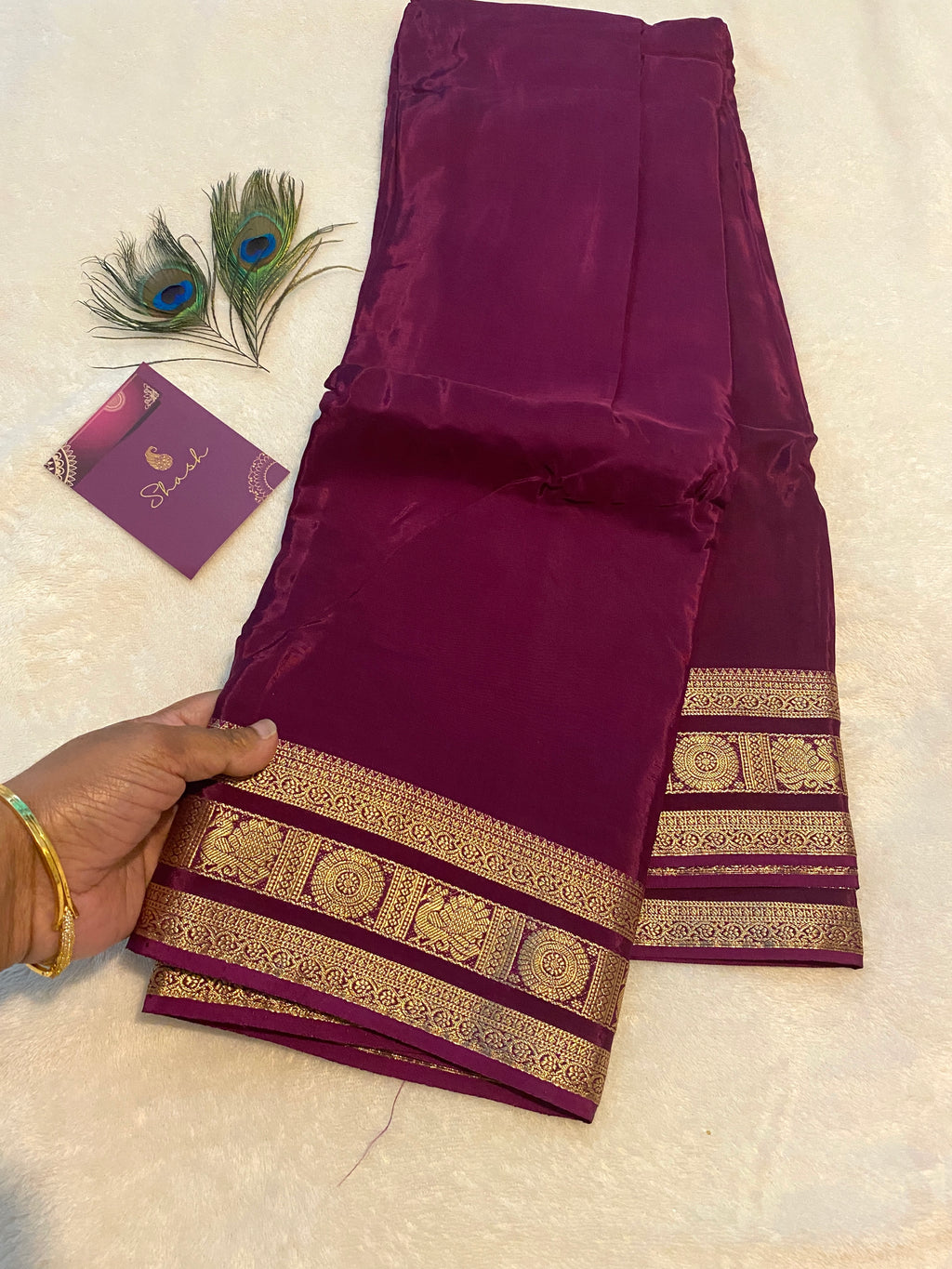 Purple Satin Crepe Saree with Traditional Gold Zari Border