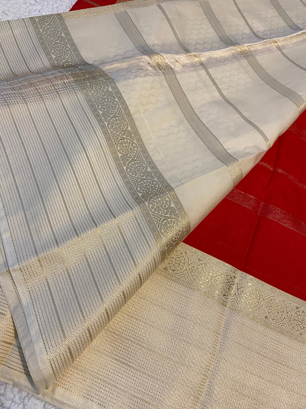 Semi-Kanchipuram Silk Saree in Red with Off-White Pallu & Gold Zari Border