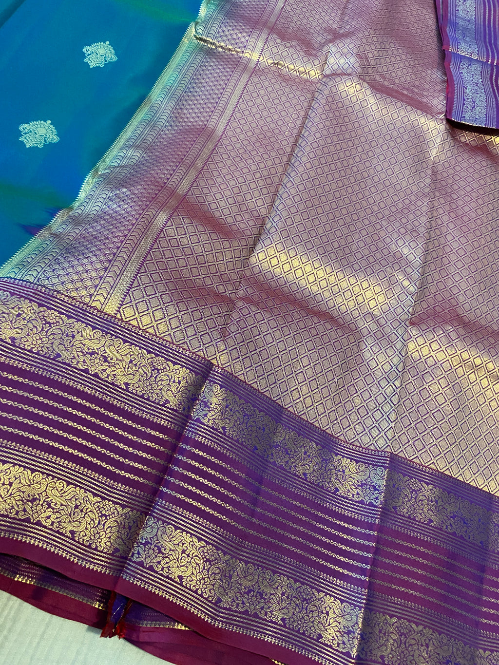 Pure Kanchipuram Silk Saree in Peacock Blue with Contrast Purple Zari Border | Silk Mark Certified