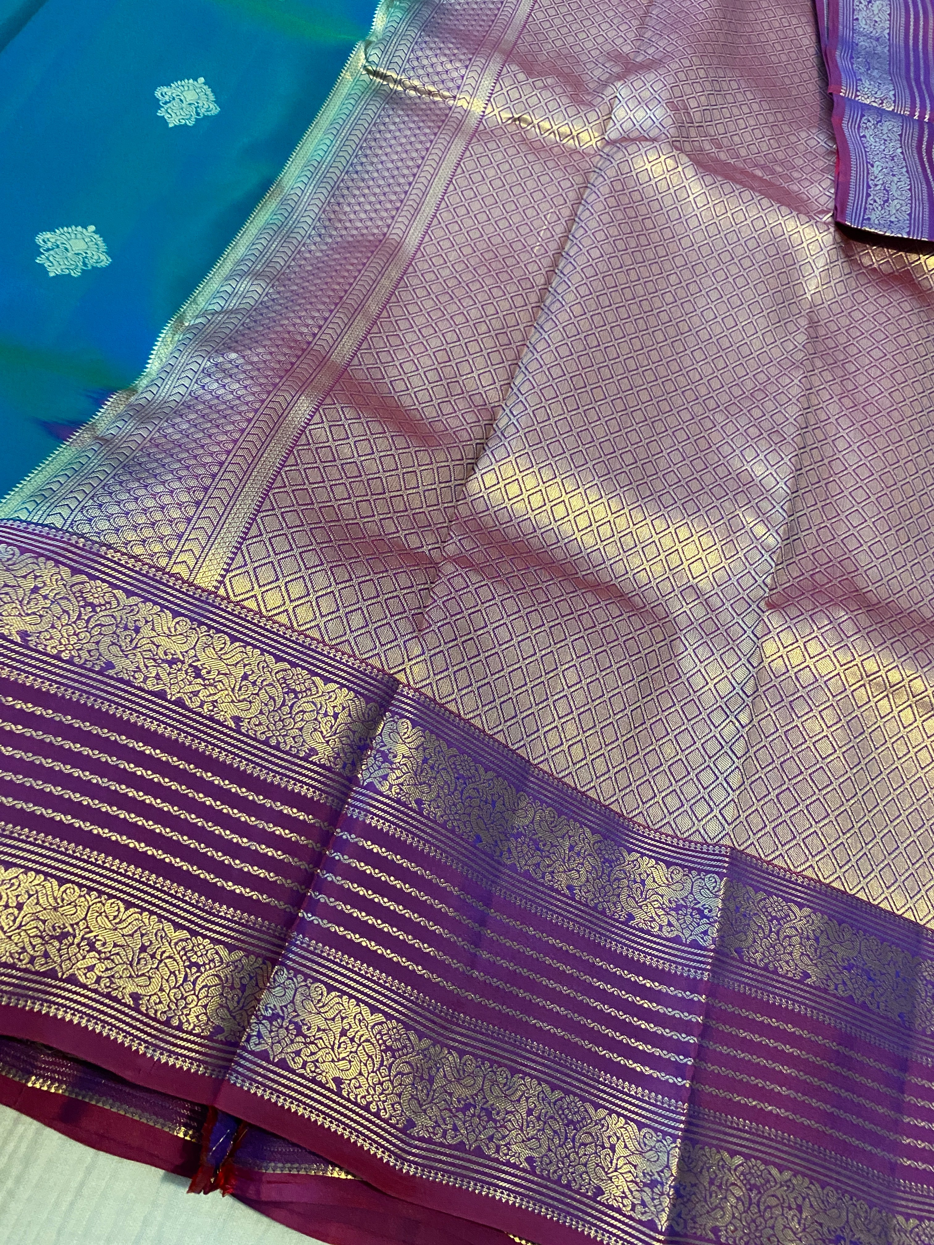 Pure Kanchipuram Silk Saree in Peacock Blue with Contrast Purple Zari Border | Silk Mark Certified