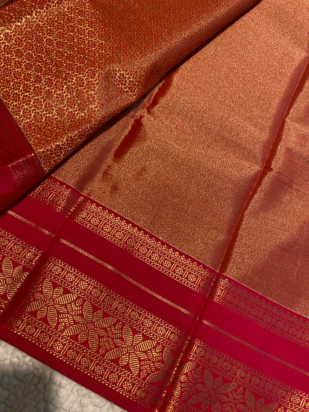 Shimmering Sage Green & Rani Pink Semi-Kanchipuram Silk Saree with Gold Zari Border