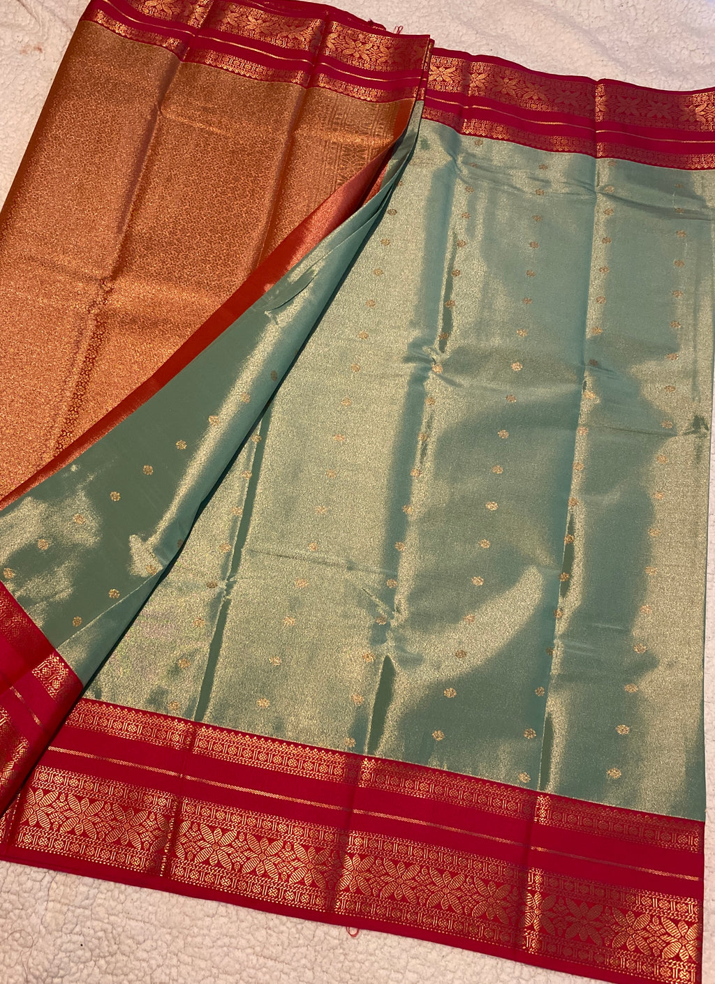 Shimmering Sage Green & Rani Pink Semi-Kanchipuram Silk Saree with Gold Zari Border