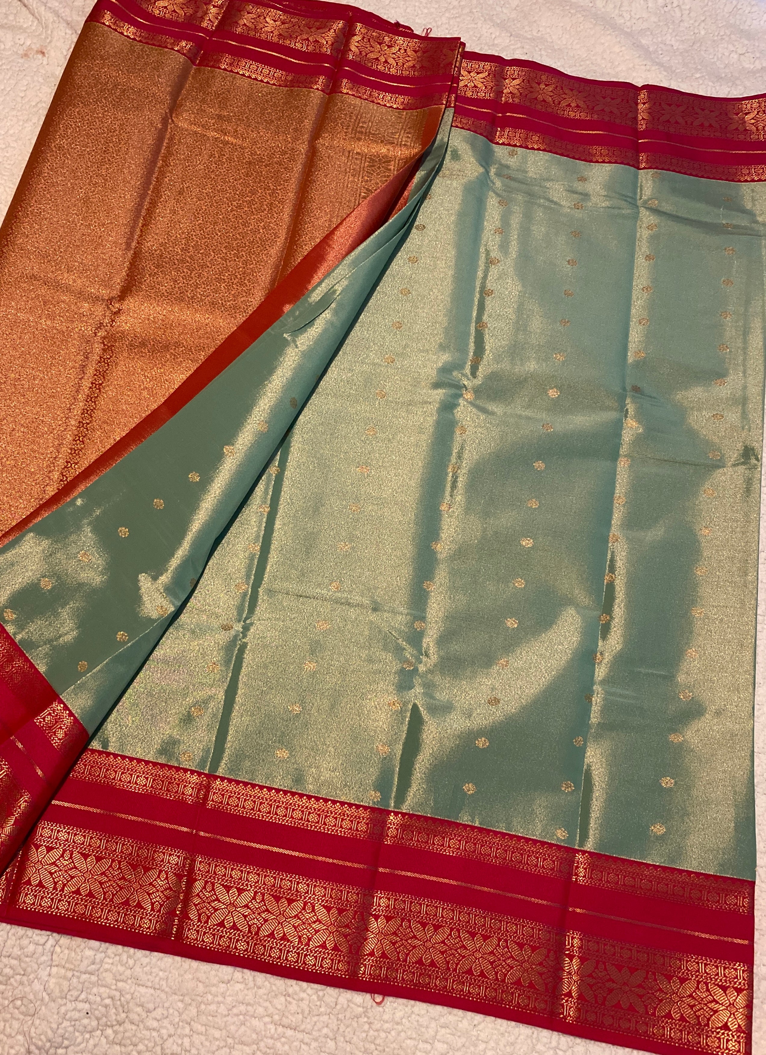 Shimmering Sage Green & Rani Pink Semi-Kanchipuram Silk Saree with Gold Zari Border