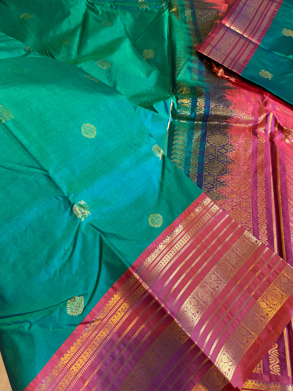 Premium Green & Rust Orange Semi-Kanchipuram Silk Saree with Gold Zari