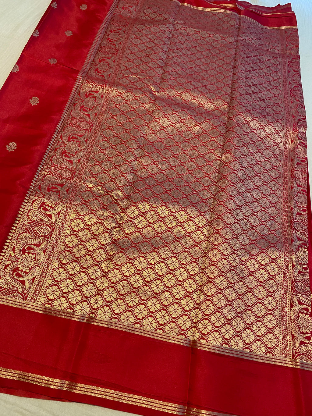 Red Gajji Silk Fancy Saree with Gold Zari Border & Woven Pallu