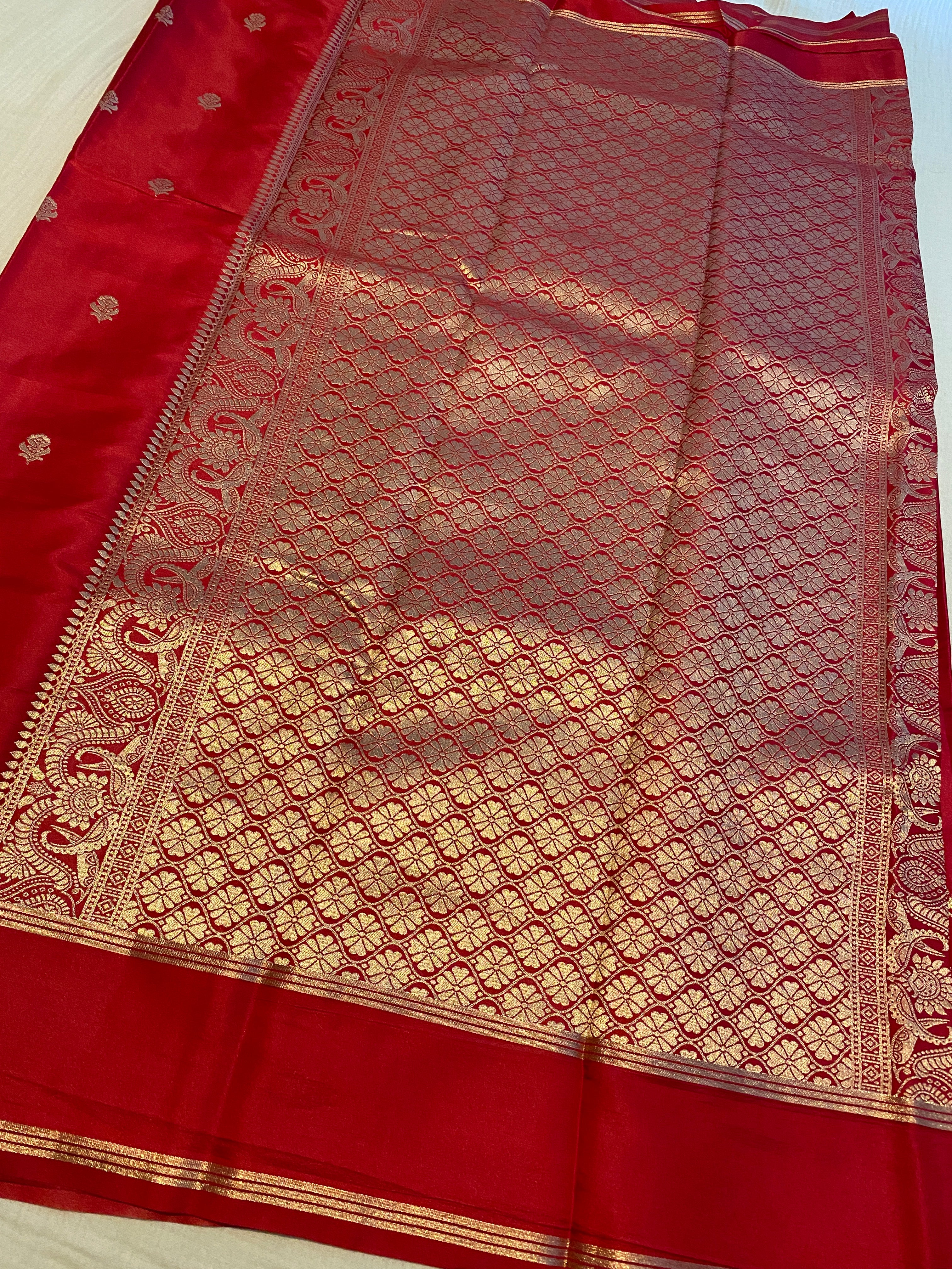 Red Gajji Silk Fancy Saree with Gold Zari Border & Woven Pallu