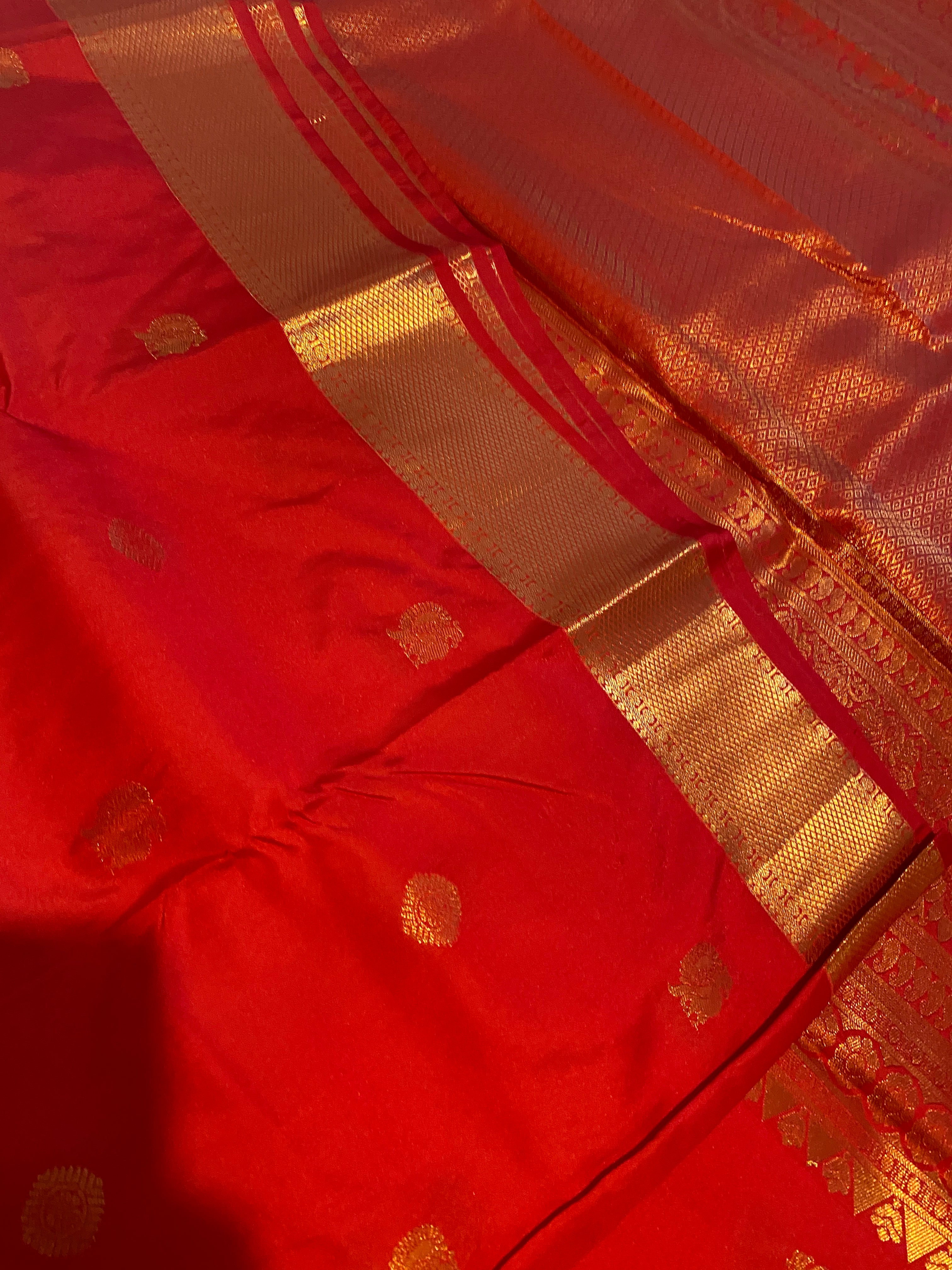 Red Semi-Kanchipuram Silk Saree with Gold Zari Border