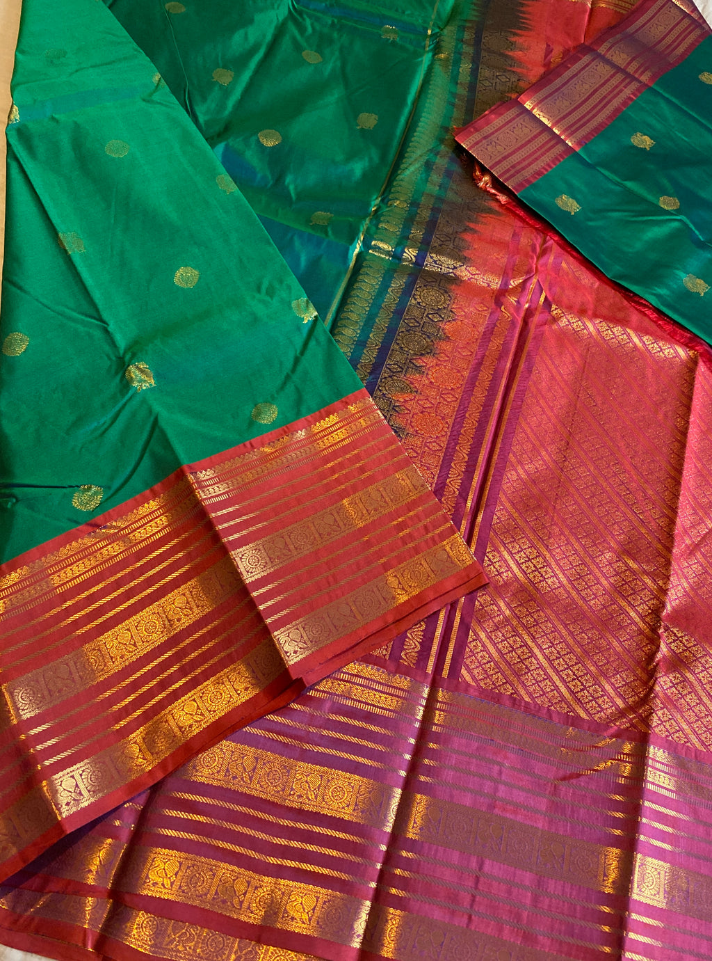 Premium Green & Rust Orange Semi-Kanchipuram Silk Saree with Gold Zari